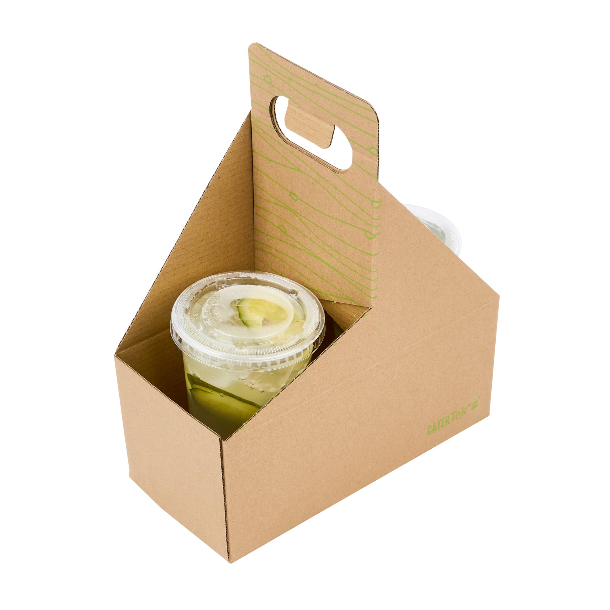 Restaurantware Cater Tek 100-Pack Disposable Cup Carriers with Handles - Kraft & Green Paper Drink Holders for 2 Cups, Perfect for Delivery, Takeout, Coffee Shops, and Beverage Businesses