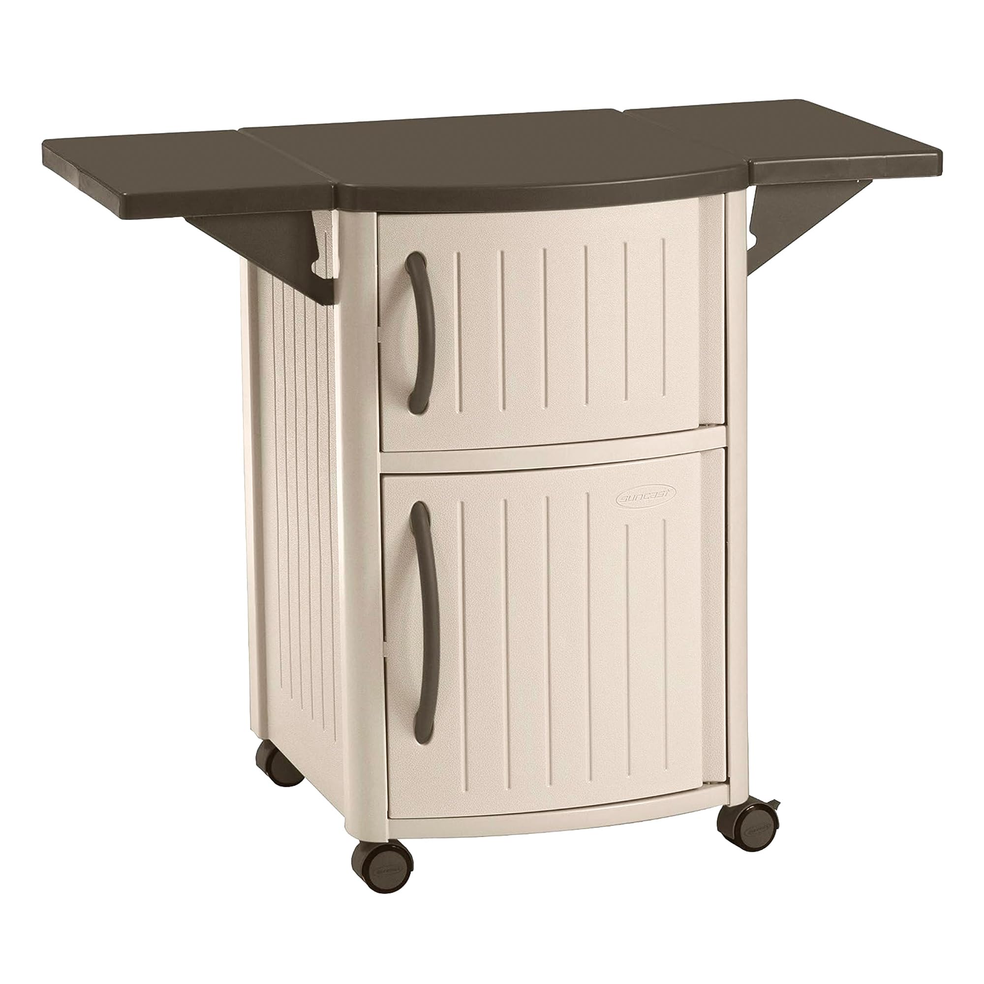 Suncast Outdoor Patio Grill Prep Station Cart with 2 Storage Cabinets - Light Taupe/Mocha - Perfect for Backyard BBQs, Outdoor Cooking & Patio Organization