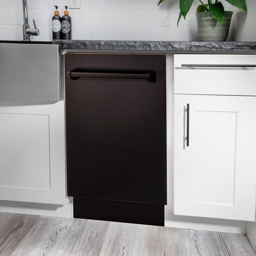 ZLINE 18 Inch Tallac Series 3rd Rack Top Control Dishwasher - Stainless Steel Tub with Oil Rubbed Bronze Panel, 51dBa Ultra Quiet (DWV ORB 18) | Perfect for Modern Kitchens, Small Spaces & Energy-Efficient Homes