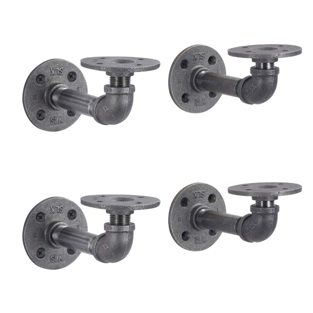 Industrial Pipe Shelf Brackets 4 Pack - Authentic Rustic Wall Mounted Double Flange Floating Shelves - Vintage Home Decor for Living Room, Bedroom & Office (4 Inch)