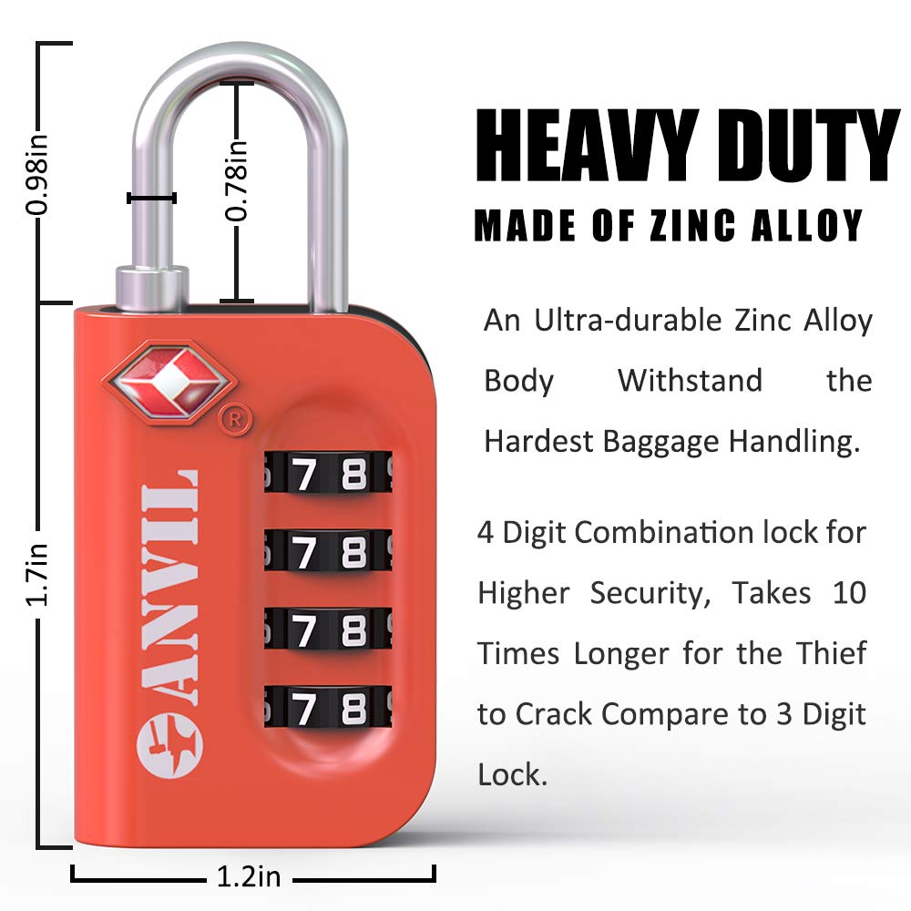 ANVIL TSA Approved Luggage Lock - 4 Digit Combination Lock with 10,000 Security Codes, Easy-Read Dial for Suitcases, Backpacks, Gym & Student Lockers - Perfect for Travel, School & Airport Security