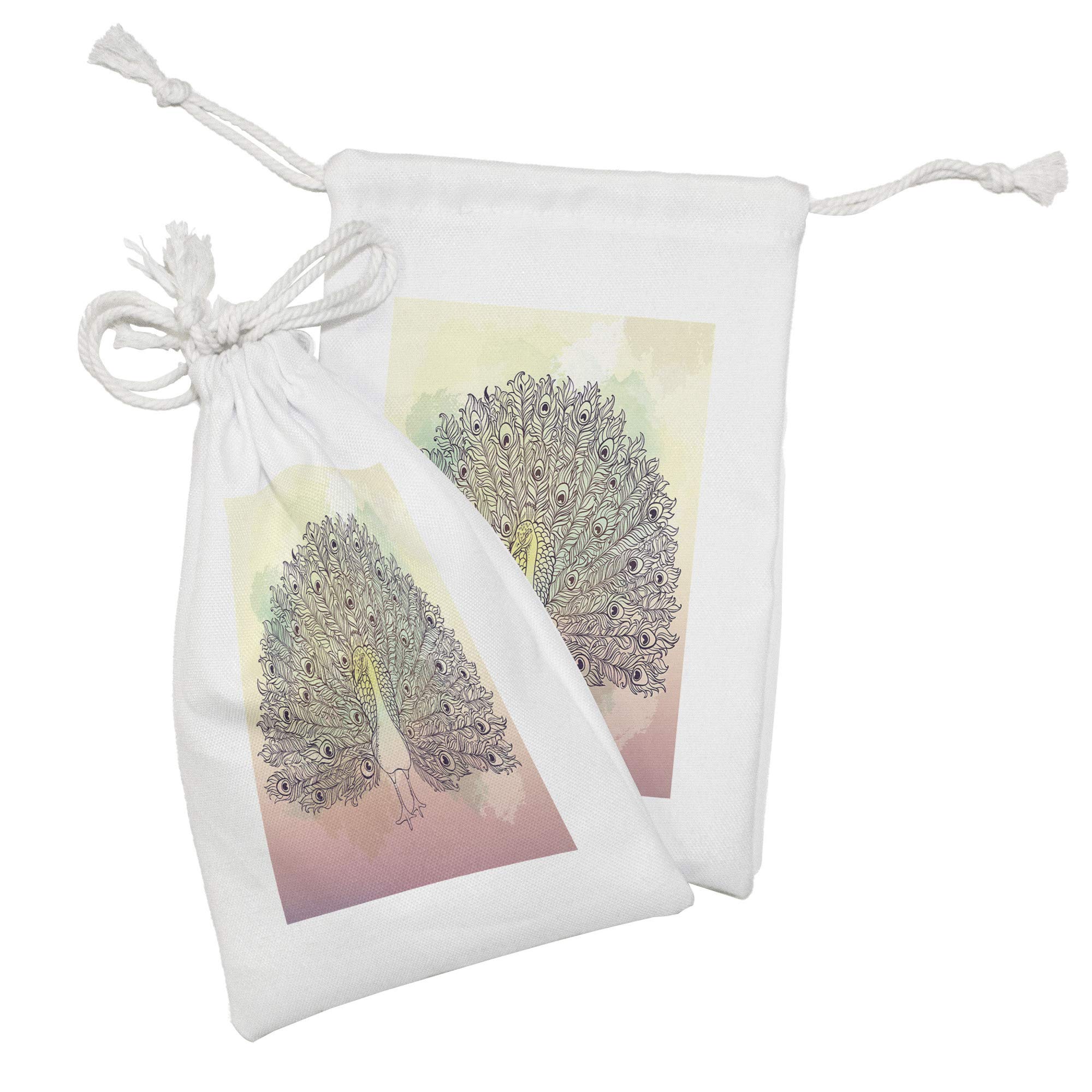 Ambesonne Peacock Fabric Pouch Set of 2 - Feathers Gradient Watercolor Sketch Bird of Juno Drawstring Bags (9