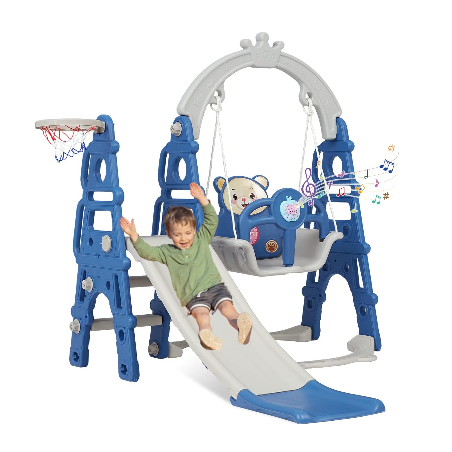 Kinbor 4-in-1 Toddler Slide Swing Set with Basketball Hoop - Extra Long Slide & Easy Climb Stairs for Kids Ages 1-5 - Indoor/Outdoor Playground Equipment for Active Play & Motor Skills Development - Perfect for Backyard, Playroom, Daycare, Birthday Party & Preschool Activities (Blue) - Great for Outdoor Playtime, Family Bonding & Early Childhood Development - Ideal for Home Play Areas, Parks, and Child Development Centers