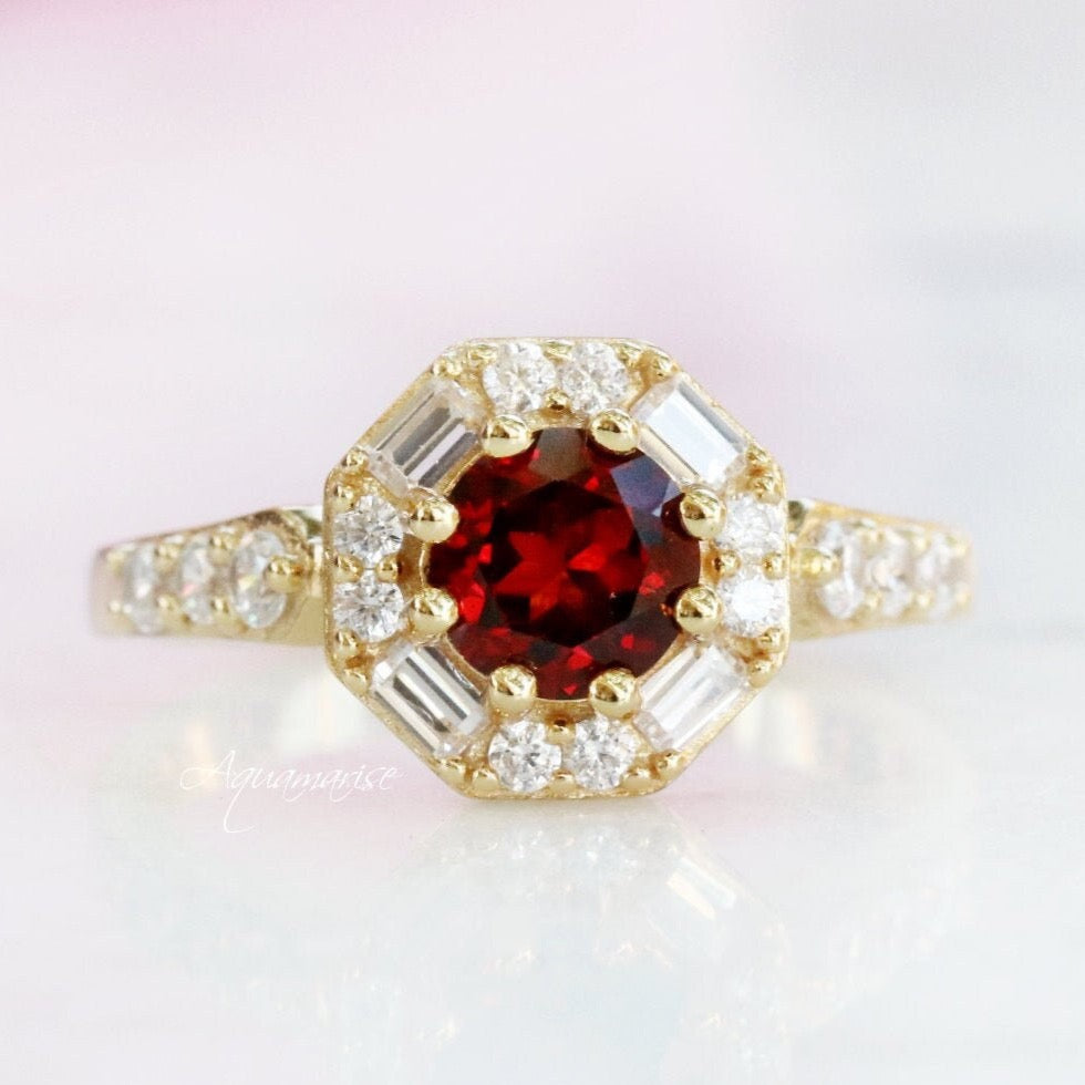 Hexagon Garnet Ring 14K Yellow Gold Vermeil - Elegant Geometric Jewelry for Women, Perfect for Weddings, Anniversaries & Special Occasions