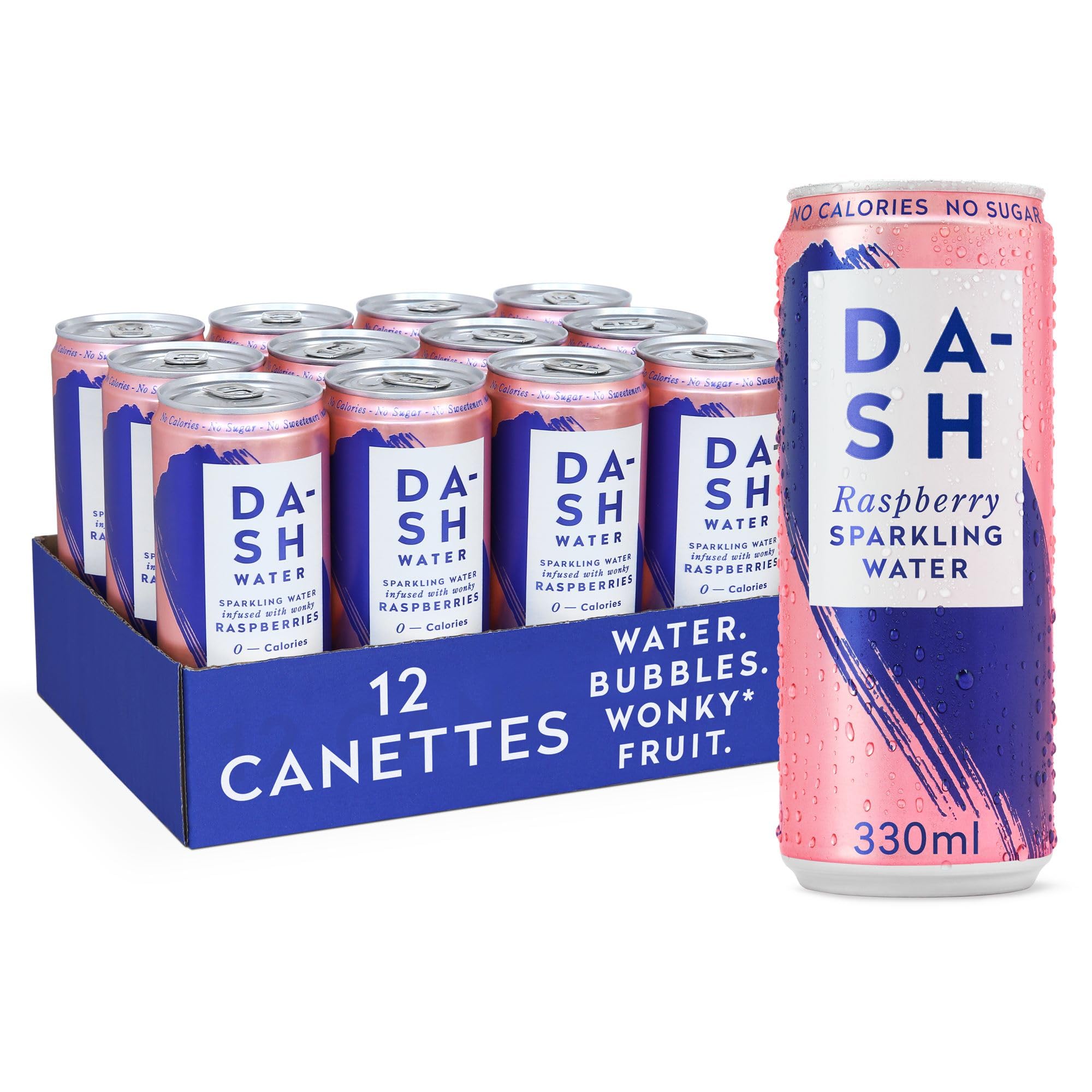 DASH 12x Eaux Pétillantes Aromatisées à la Framboise Sans Sucre, Sans Édulcorant, Sans Calories – Infusées avec des Fruits Rejetés (12x330ml) – Idéal pour une Hydratation Saine et Rafraîchissante au Bureau ou en Voyage