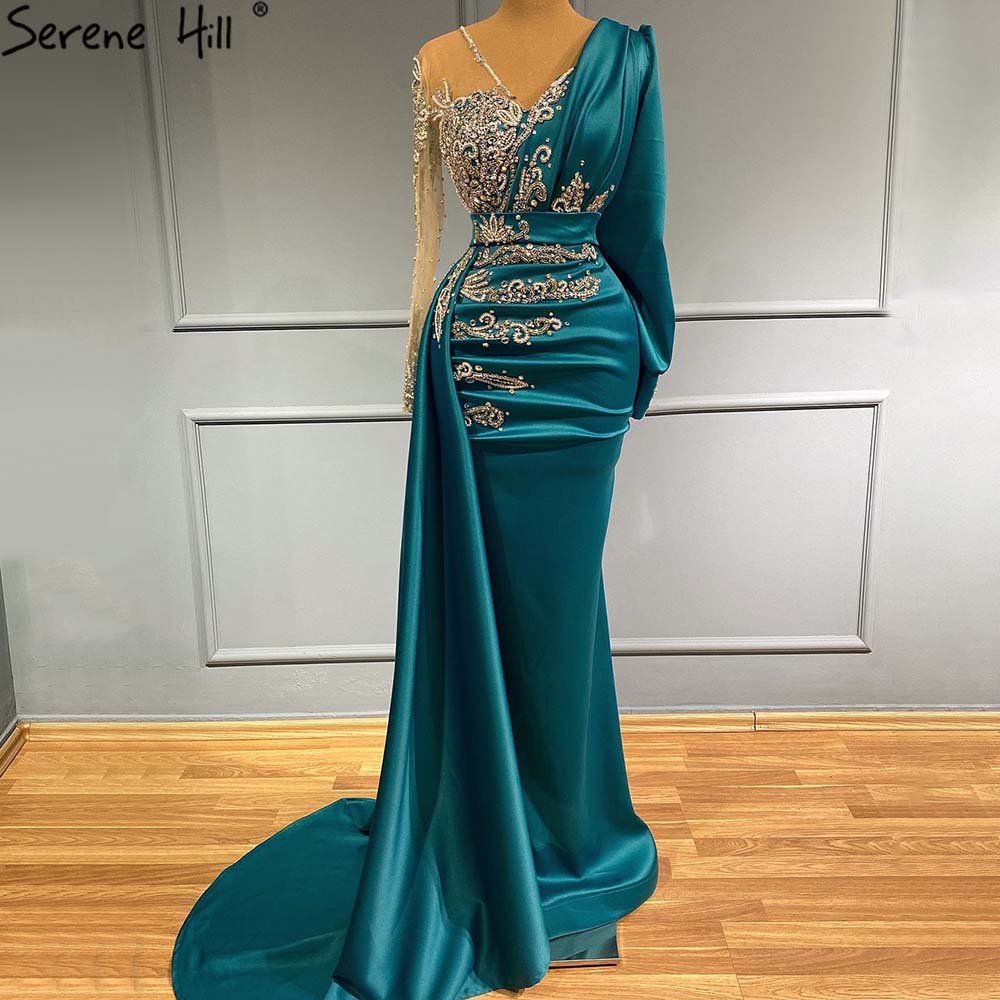 Elegant Green Mermaid Satin Evening Gown with Beaded Details - Luxury Muslim Women's Party Dress for Special Occasions - Perfect for Weddings, Galas, and Formal Events