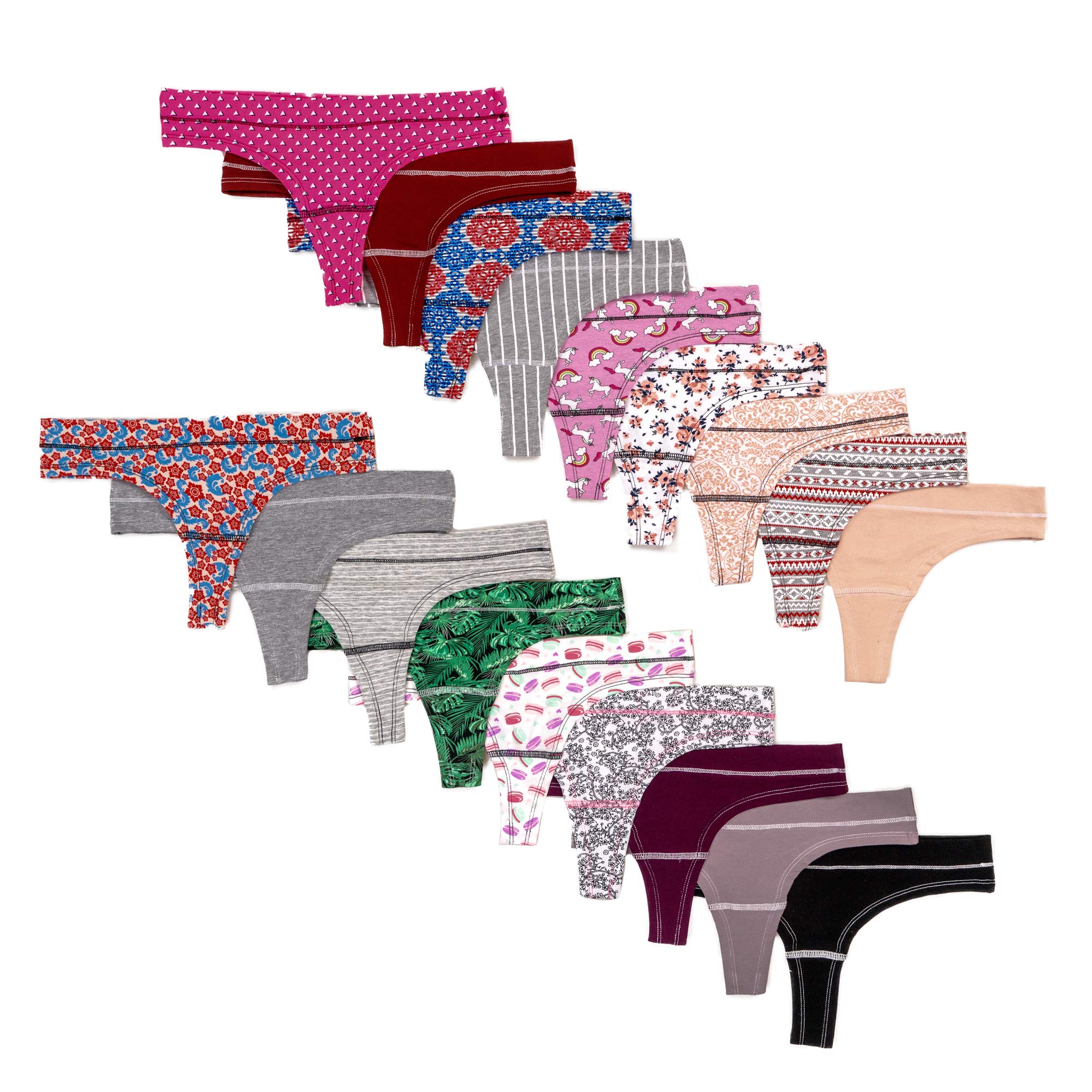 Alyce Ives Intimates 18 Pack Women's Cotton Thong Panties - Soft Breathable Underwear in Assorted Colors & Prints - Perfect for Daily Wear, Yoga & Travel