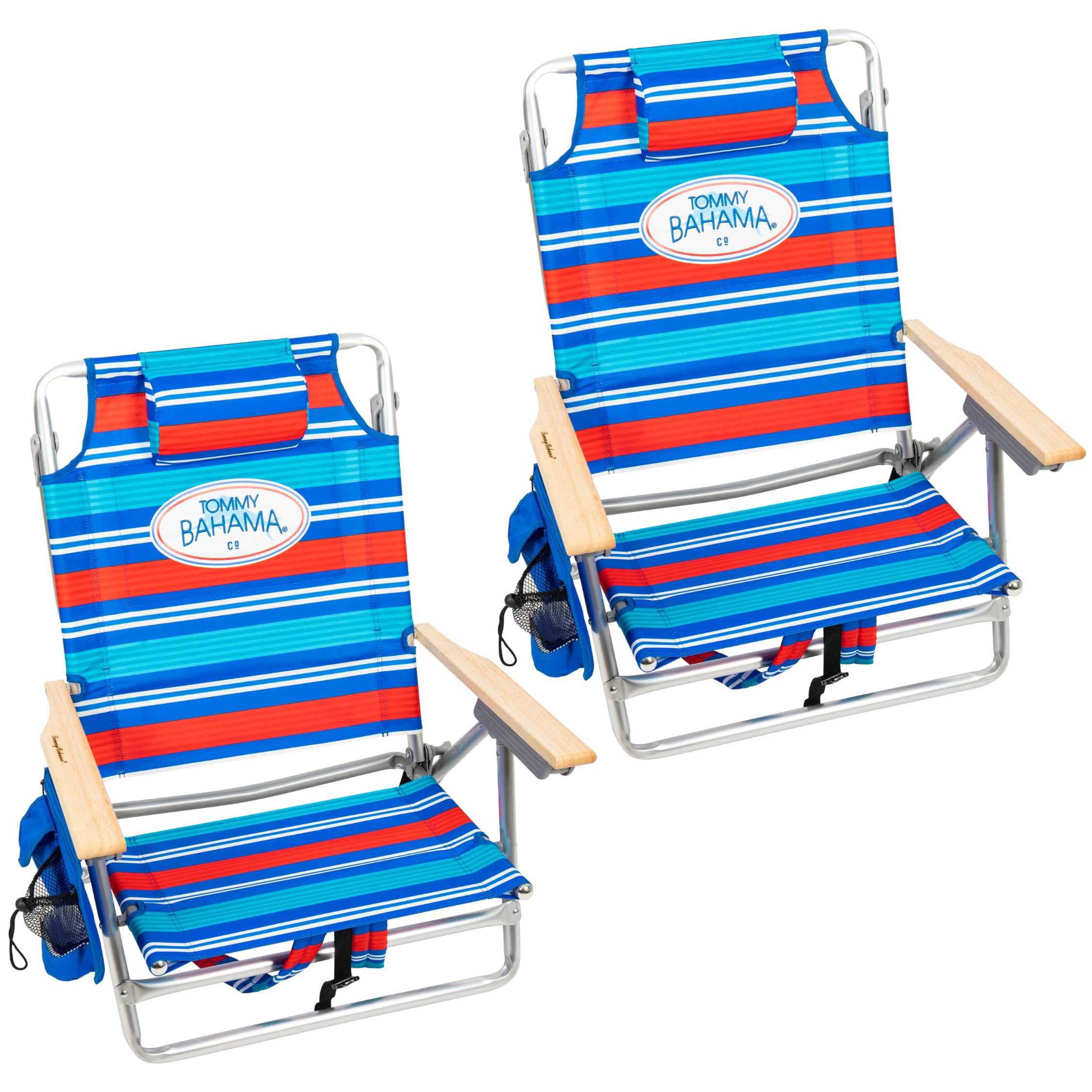 Tommy Bahama 2-Pack 5-Position Reclining Beach Chairs with Built-in Cooler, Storage Pouch & Towel Bar - Red White Blue Stripe | Perfect for Poolside Relaxation, Backyard Lounging & Beach Vacations