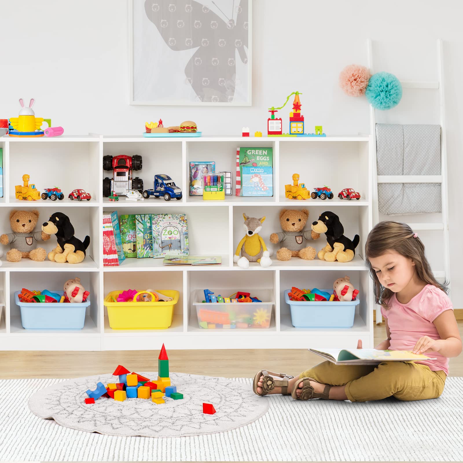 KOTEK Kids Bookshelf - 8 Cubby Toy Storage Organizer & Wooden 4-Tier Bookcase Cabinet | Open Display Shelf for Nursery, Playroom, School, Living Room & Bedroom | Perfect for Organizing Toys, Books & Decor (White, 8 Cubes)