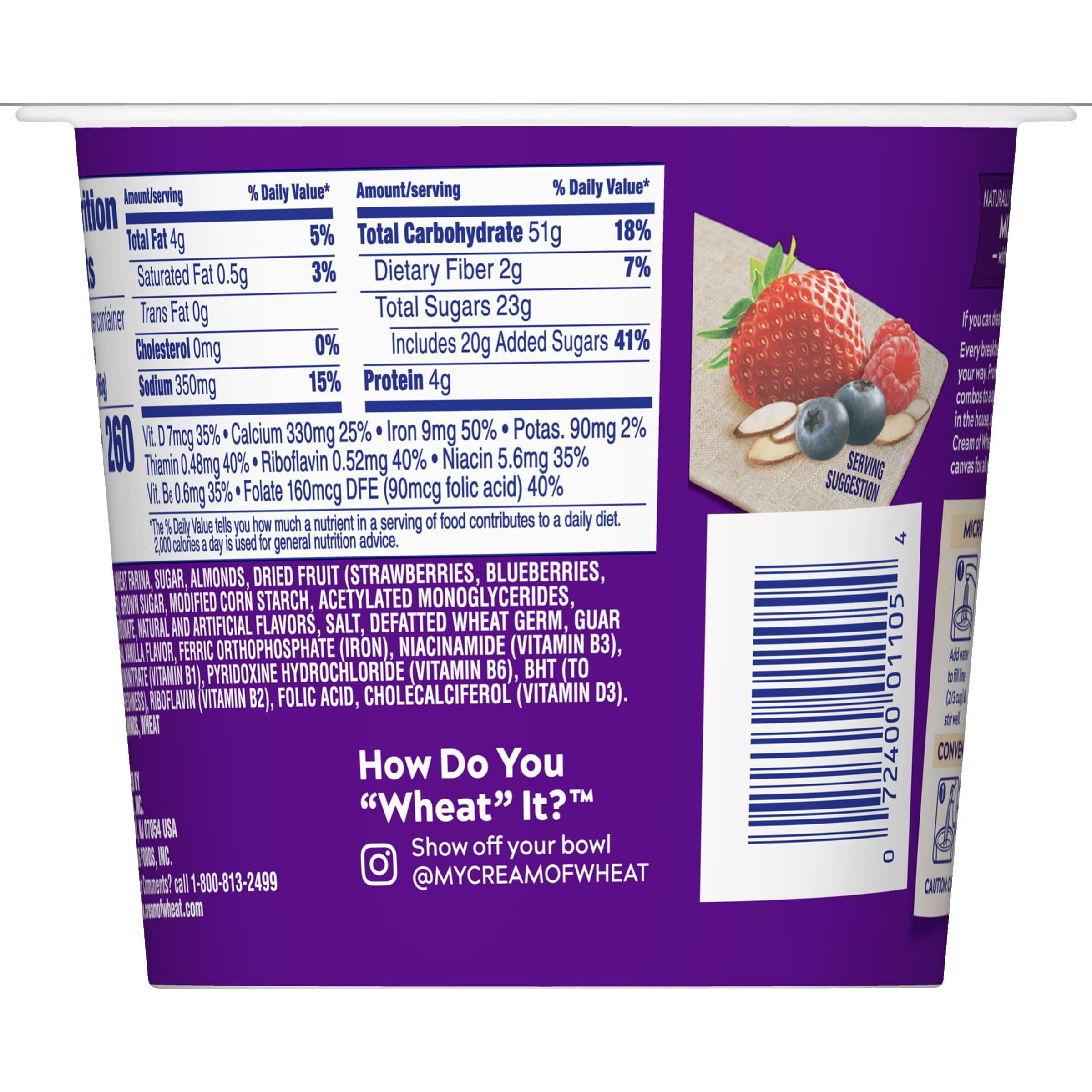 Cream of Wheat Instant Hot Cereal To-Go Cups - Mixed Berry with Almonds, 2.29oz (6 Pack) | Quick Breakfast for Busy Mornings, Office Snack & On-the-Go Meals