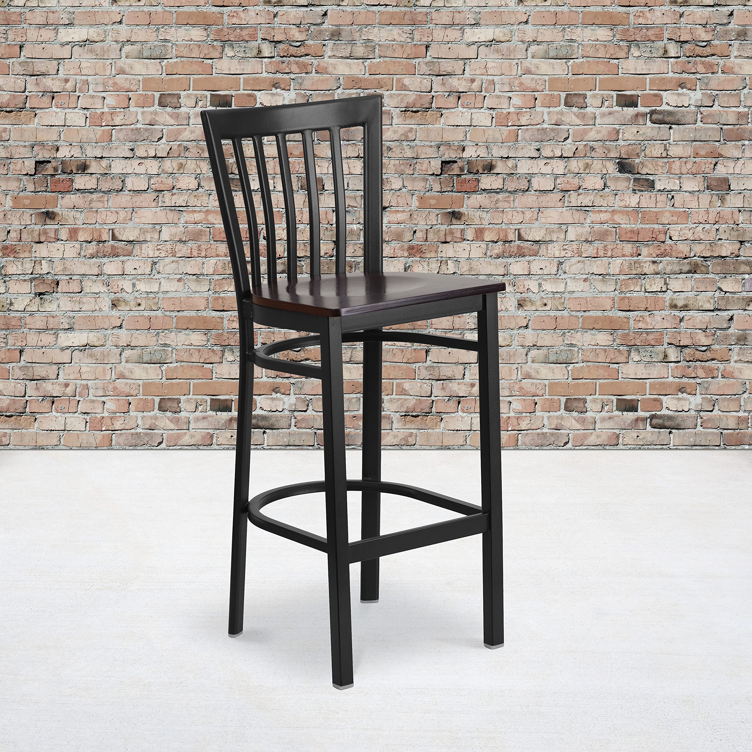 Black Metal School House Back Barstool with Walnut Wood Seat - Vintage Style Counter Stool for Kitchen Island, Breakfast Bar & Home Decor