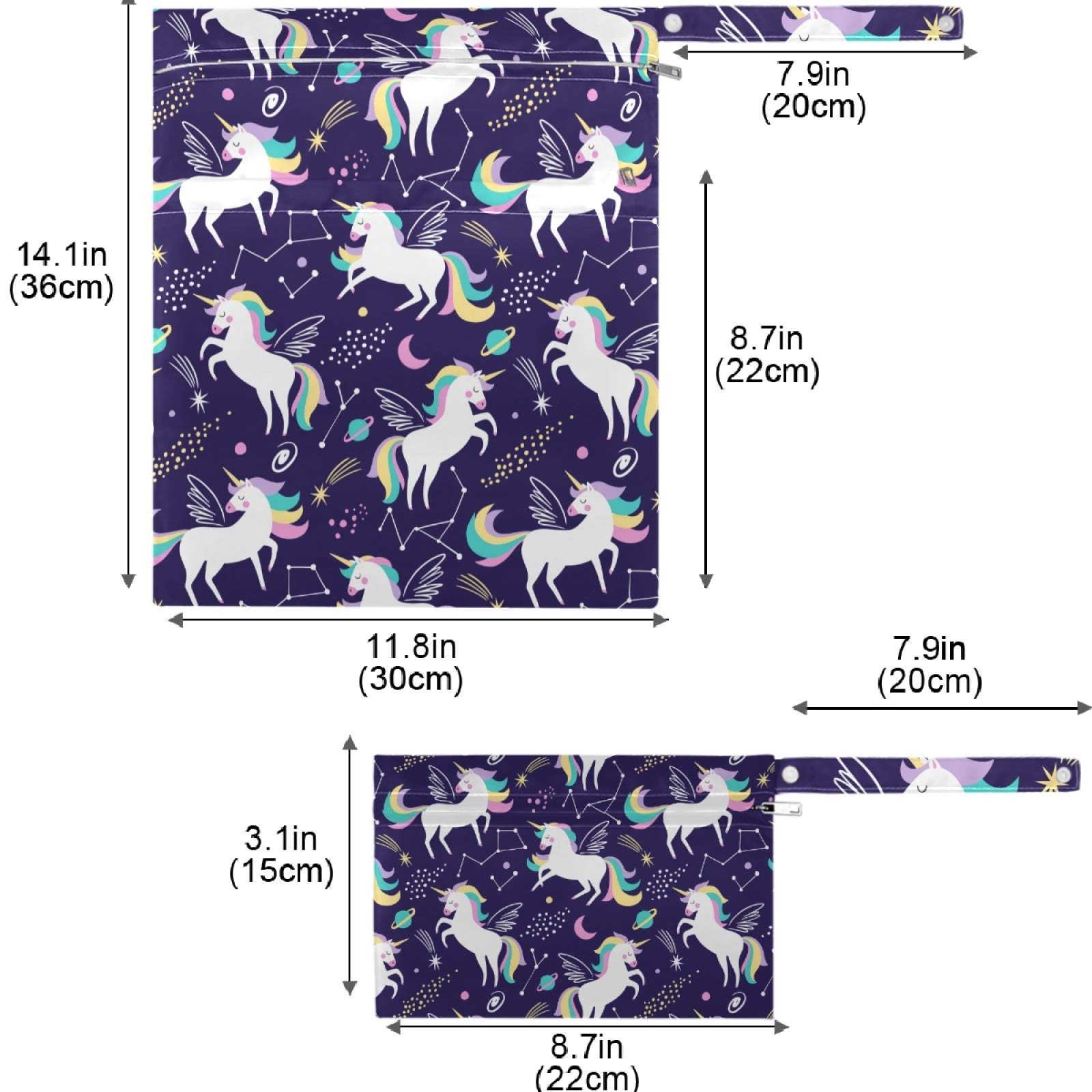 Visesunny 2-Pack Cute Unicorn Star Planet Wet Bags with Zipper Pockets - Washable & Reusable Waterproof Storage for Travel, Beach, Pool, Gym, Daycare - Perfect for Wet Swimsuits, Diapers, Dirty Clothes & Toiletries Organization