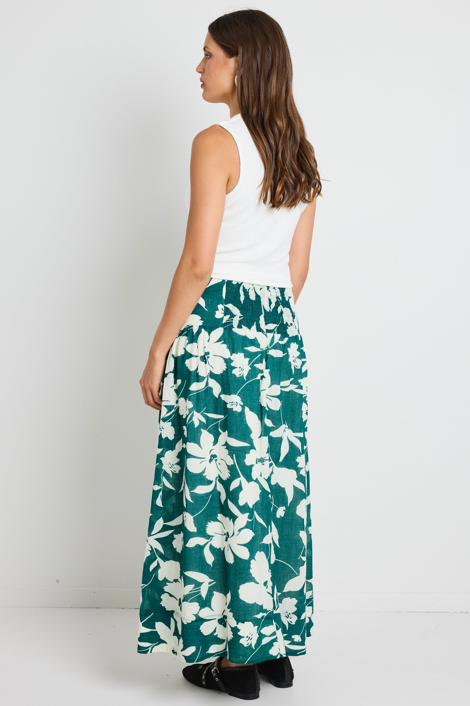 Affinity Forest Floral Print Shirred Back Tiered Maxi Skirt for Women - Boho Summer Beach Dress, Wedding Guest Outfit & Vacation Wear