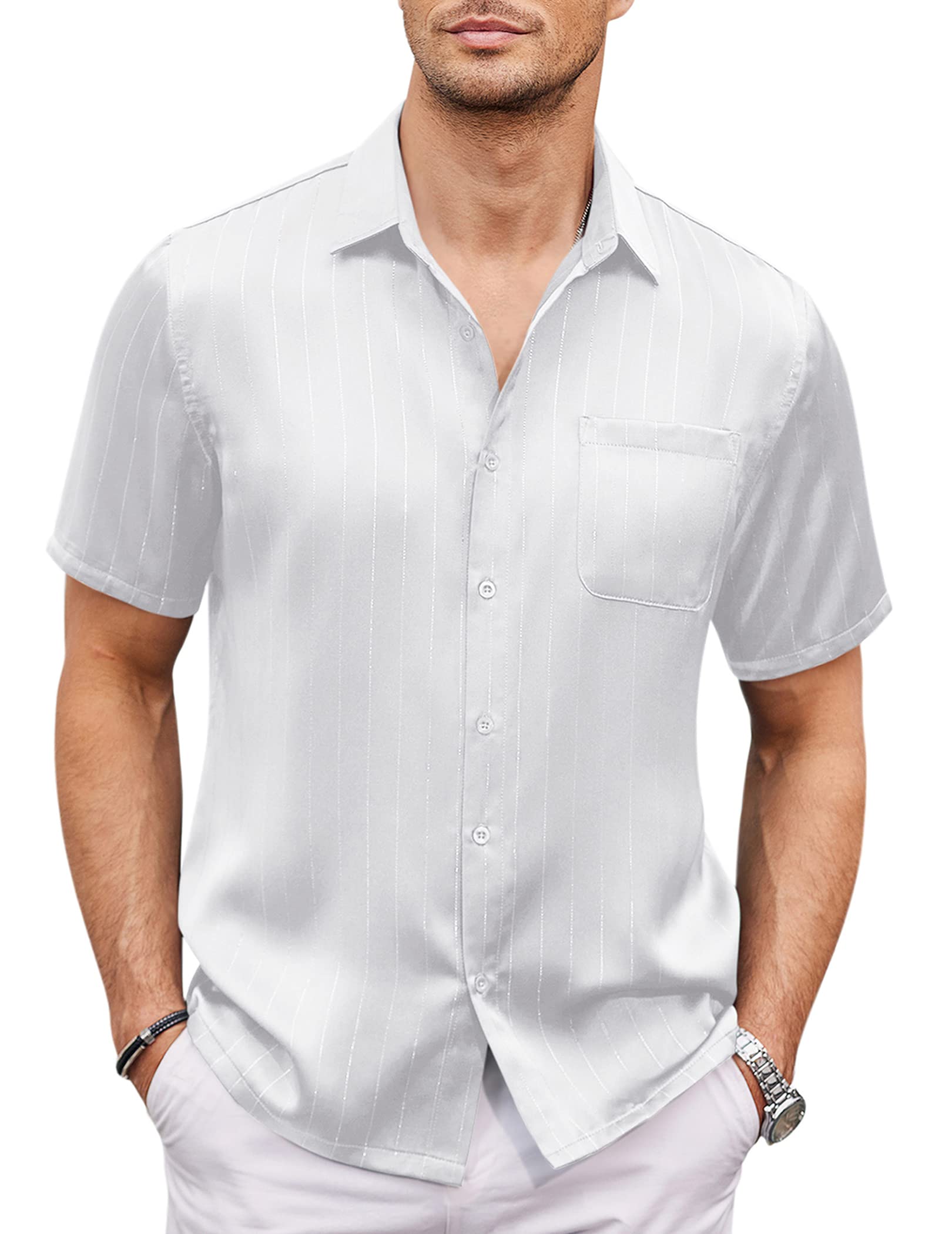 COOFANDY Men's Silk Short Sleeve Dress Shirt - Casual Satin Button Up Shirt with Pocket for Party, Prom, Wedding & Formal Events - Elegant Black Silk Shirt for Business, Date Night & Special Occasions
