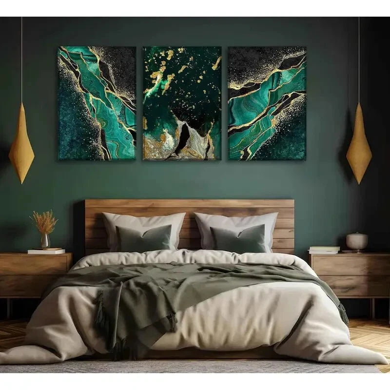3-Piece Green and Gold Marble Texture Metal Wall Art - Ready to Hang Modern Home Decor for Living Room, Bedroom & Office