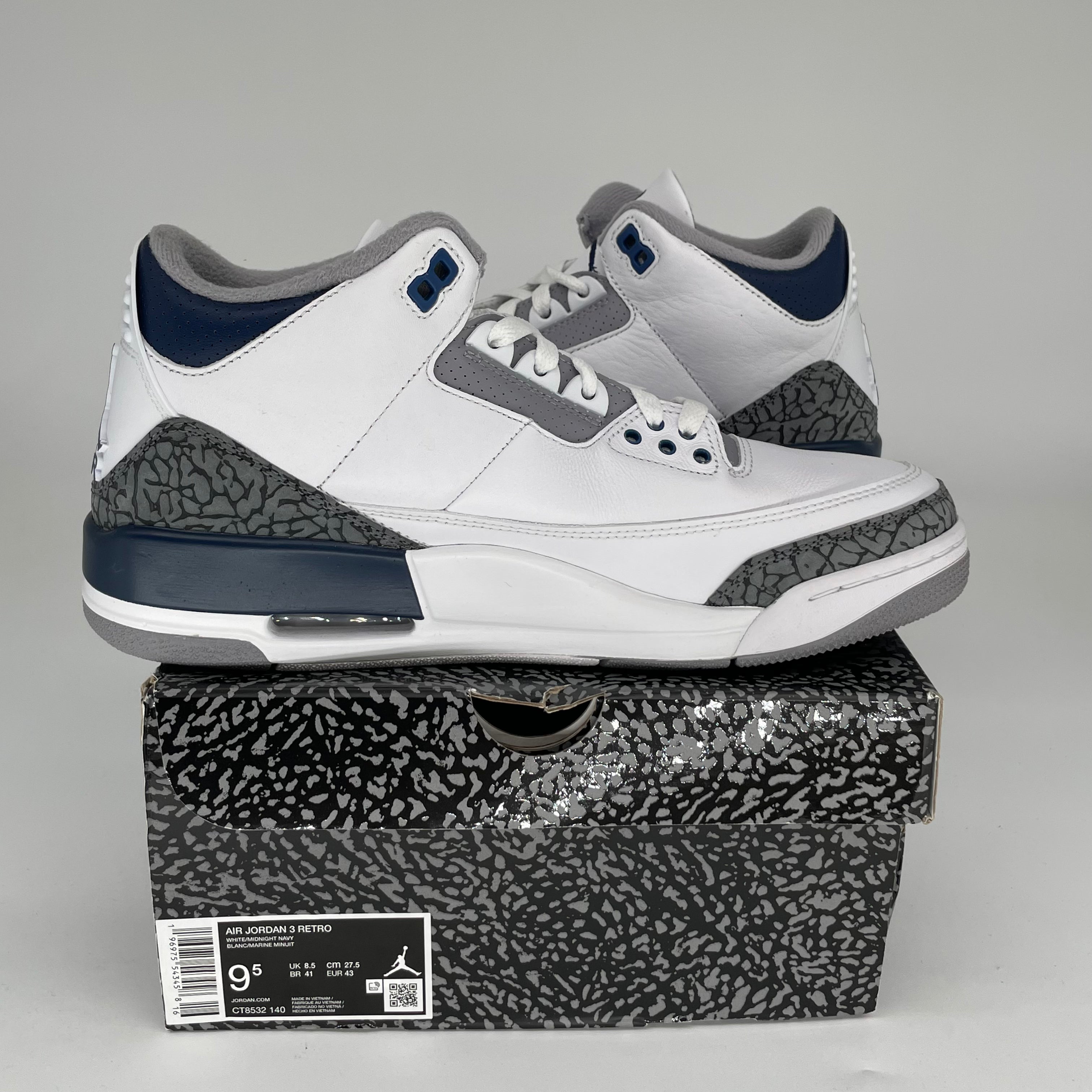 AIR JORDAN 3 MIDNIGHT NAVY Men's Basketball Shoes - Size 9.5 (CT8532-140) | Retro Sneakers for Casual Wear, Street Fashion & Sports Performance