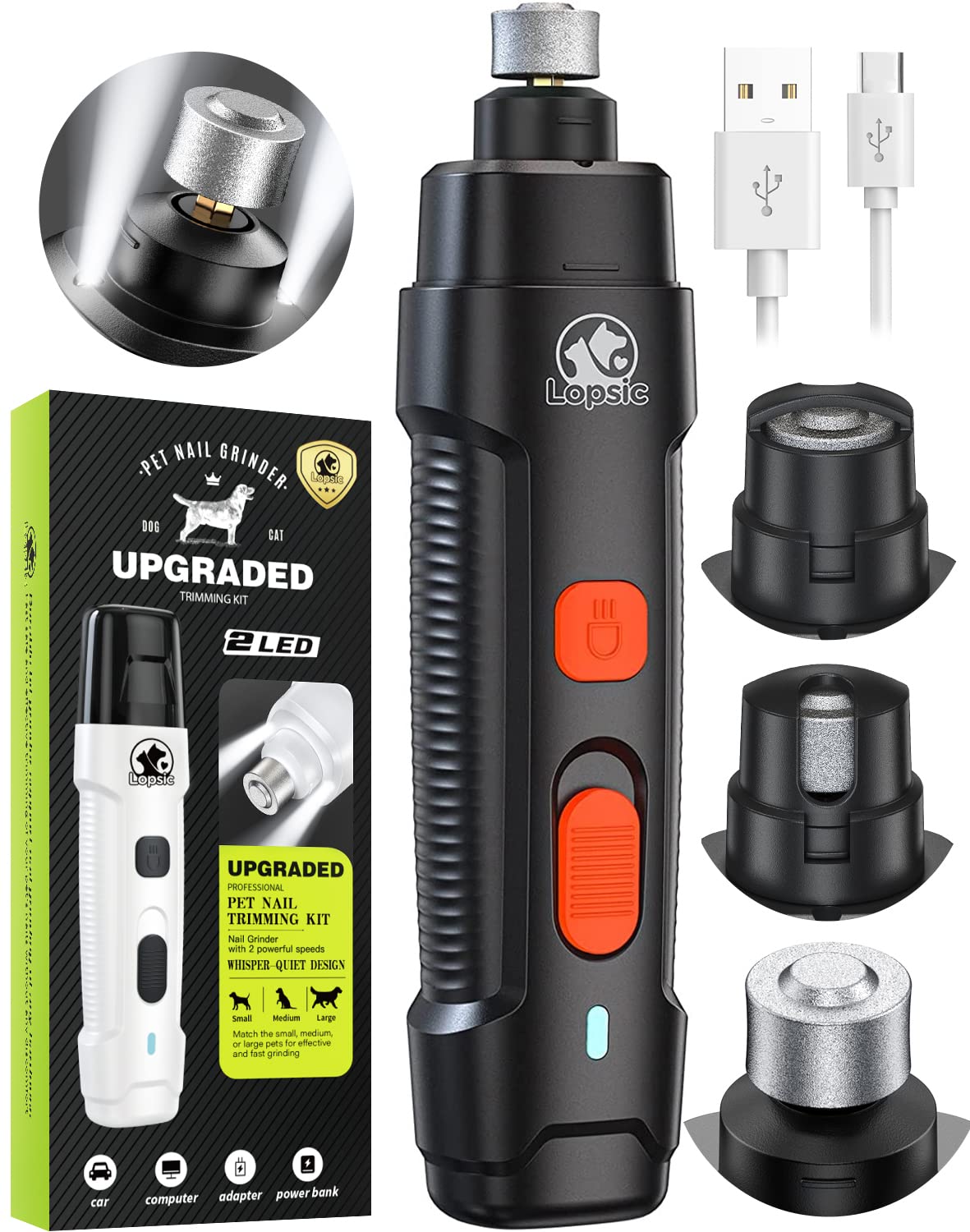 Super Quiet Rechargeable Dog Nail Grinder with 2 LED Lights - 2 Speed Electric Pet Nail Trimmer for Small, Medium & Large Dogs & Cats | Low Vibration Claw Care Tool for Stress-Free Grooming at Home