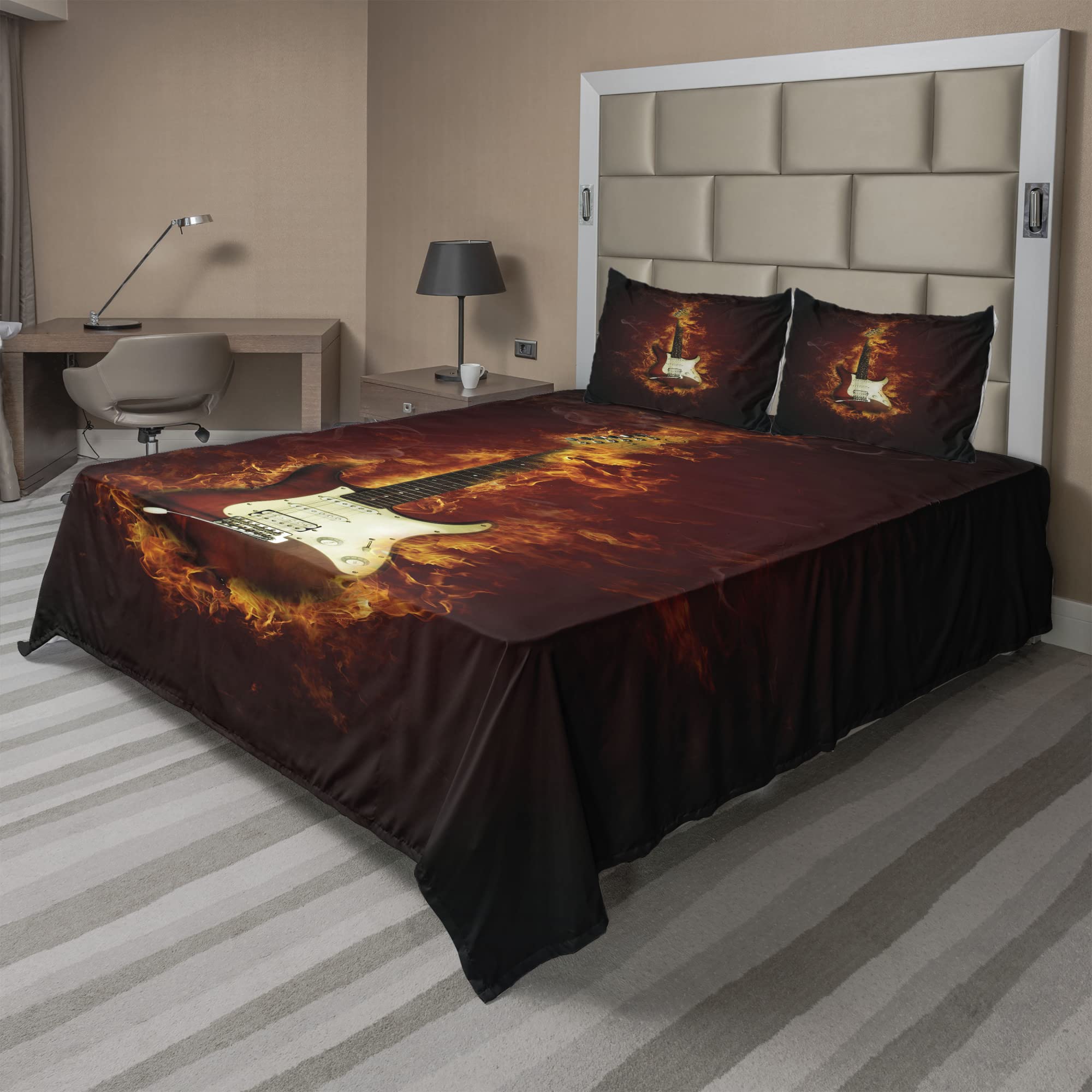 Ambesonne 4-Piece Guitar Bedding Set - King Size Fitted & Flat Sheets with Pillowcases - Electric Guitar Hard Rock Music Design in Orange Maroon Black - Perfect for Musicians' Bedrooms, Dorm Rooms & Rock-Themed Decor