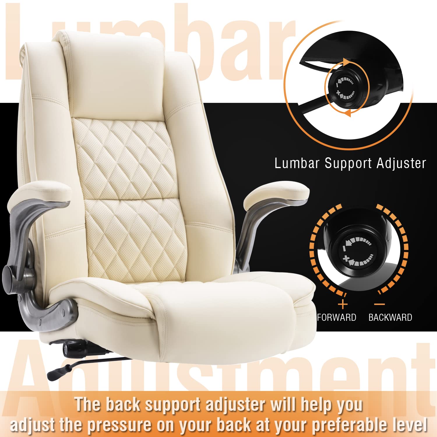 Ergonomic High Back Office Chair with Flip-Up Arms - Adjustable Executive Desk Chair with Built-in Lumbar Support & Thick Padding for Back Pain Relief - Perfect for Home Office, Gaming & Computer Work (Beige)