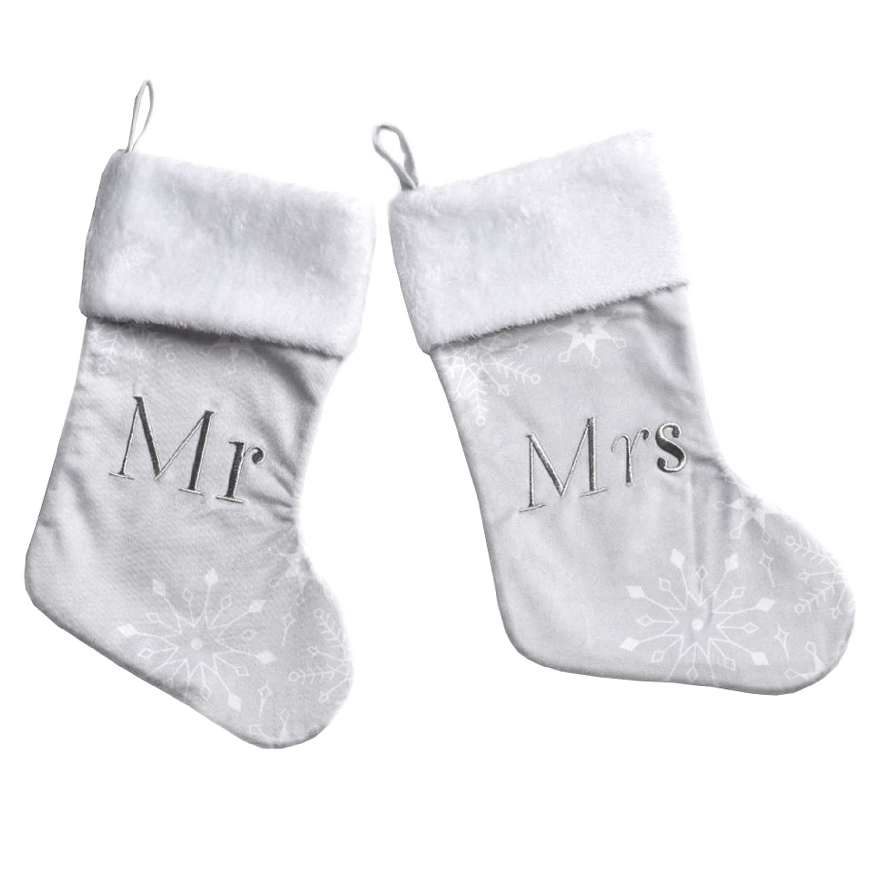 Mr and Mrs Christmas Stockings Set of 2 - Grey and White Knitted Holiday Stockings for Couples, Perfect for Fireplace Mantel Decor & Gift Exchange