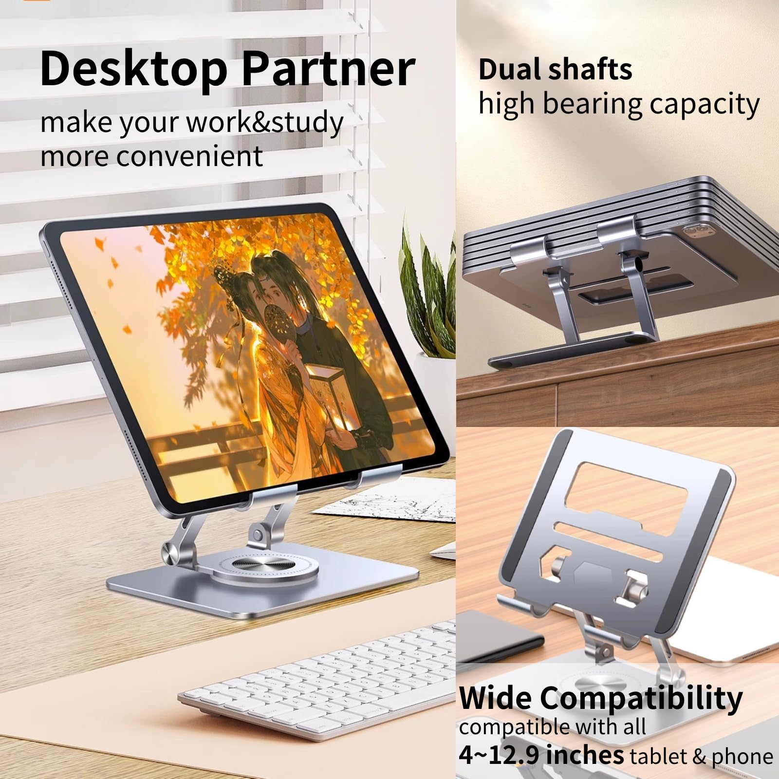 360° Rotable Aluminum iPad Stand - Adjustable Height Foldable Tablet Holder for iPad Pro/Air/Mini, Kindle & Smartphones | Portable Desktop Stand for Home Office, Reading, Video Calls & Digital Art (Dark Gray)