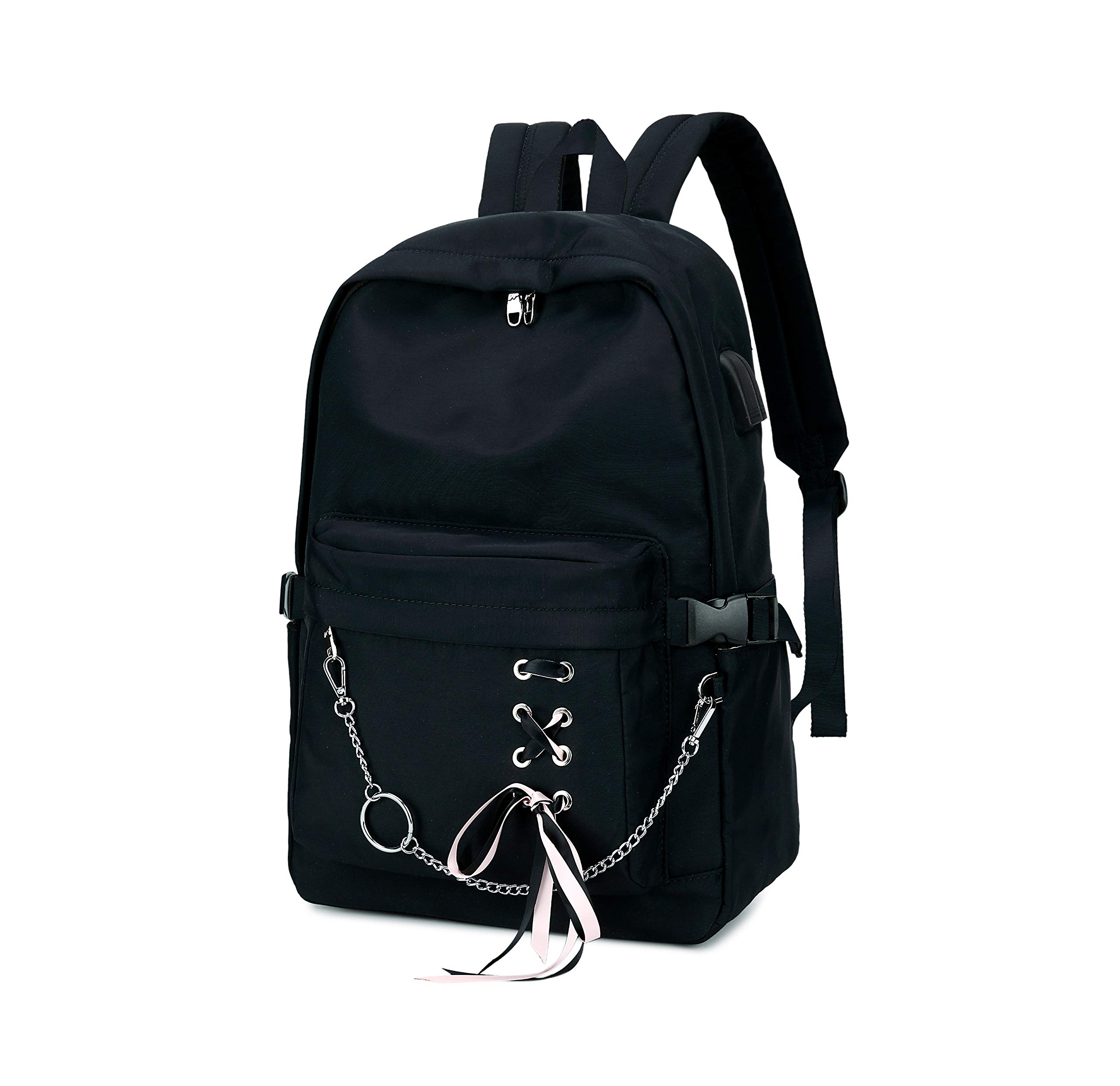 Stylish Black Classic Backpack for Women & Teen Girls - School Backpack with Chain Decor - Perfect for College, Travel & Everyday Use