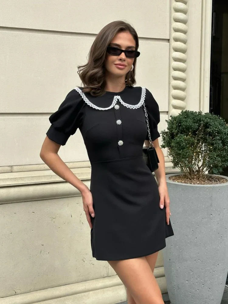 Elegant Doll Collar Mini Dress for Women - Spring Summer Chic Solid Short Sleeve Sexy Slim Button Dress - Perfect for Office Commute, Date Night & Cocktail Parties