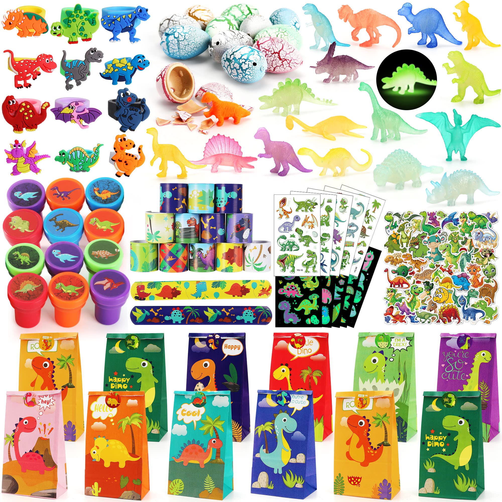 148 Pcs Dinosaur Party Favors for Kids - Easter Dinosaur Eggs, Bubble Wands, Glow Figures, Stickers & More - Perfect for Birthday Parties, Easter Egg Hunts & Classroom Rewards