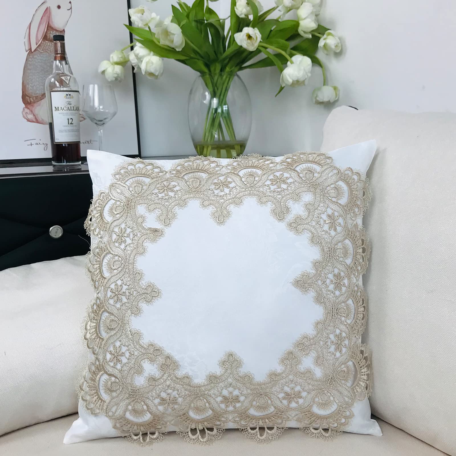 Premium 18x18 Inch Beige Lace Throw Pillow Covers Set of 2 - Soft Farmhouse Decor with Exquisite Embroidery for Living Room, Bed, Couch & Sofa | Cozy Home Accent for Relaxation & Stylish Interior Design