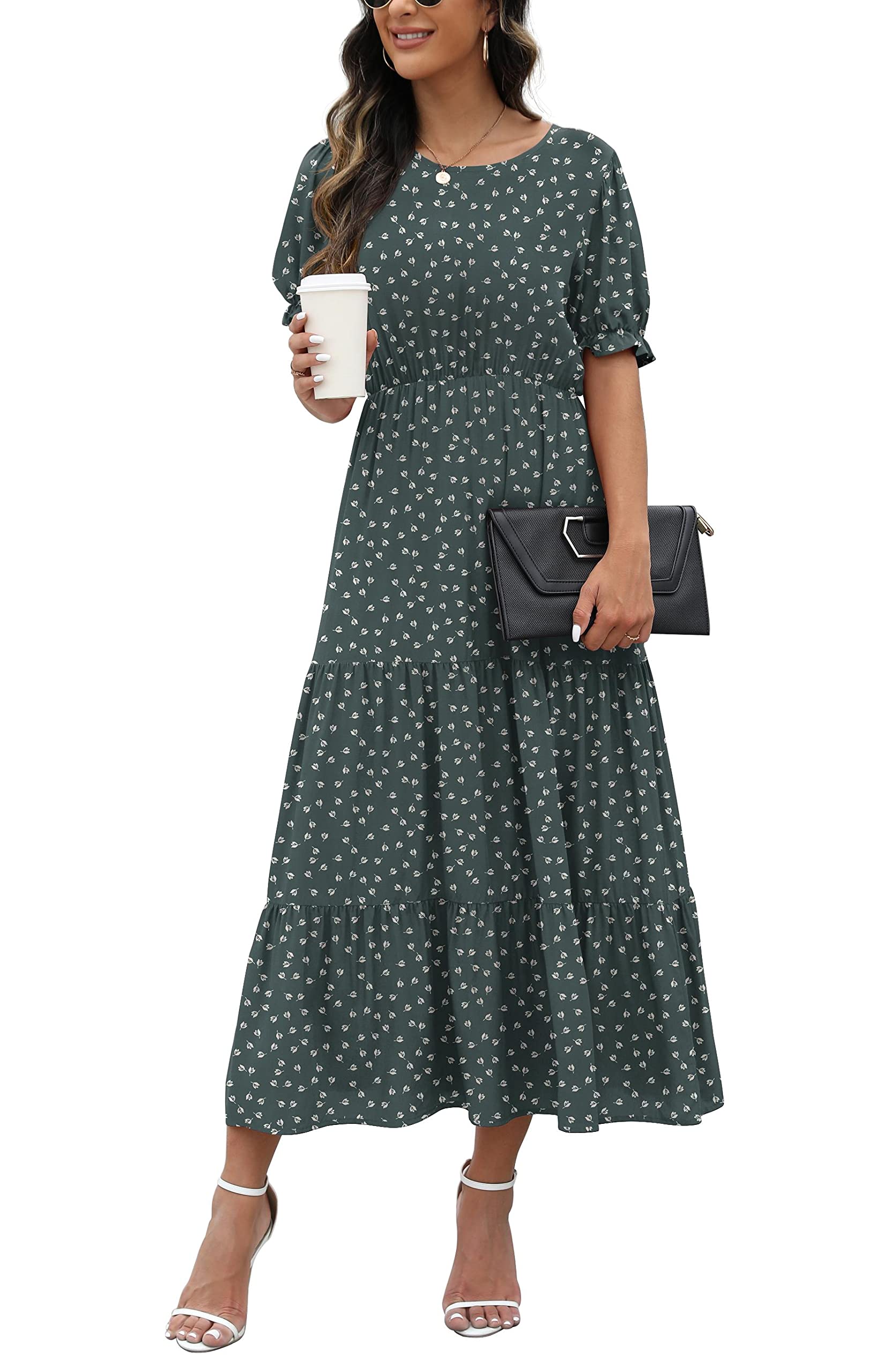 GRECERELLE Women's 2023 Summer Boho Dress - Loose Fit Crewneck with Ruffle Puff Sleeves, High Waist Midi Length for Beach, Vacation & Casual Outings