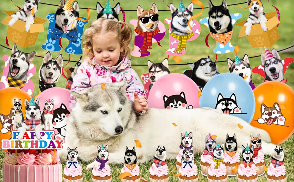 Funny Siberian Husky Birthday Party Decorations Set - Husky Theme Banner, Cake Topper, Balloons & Puppy Party Supplies for Dog Lovers | Perfect for Husky Themed Birthday Celebrations, Dog Adoption Parties & Pet Lover Gatherings