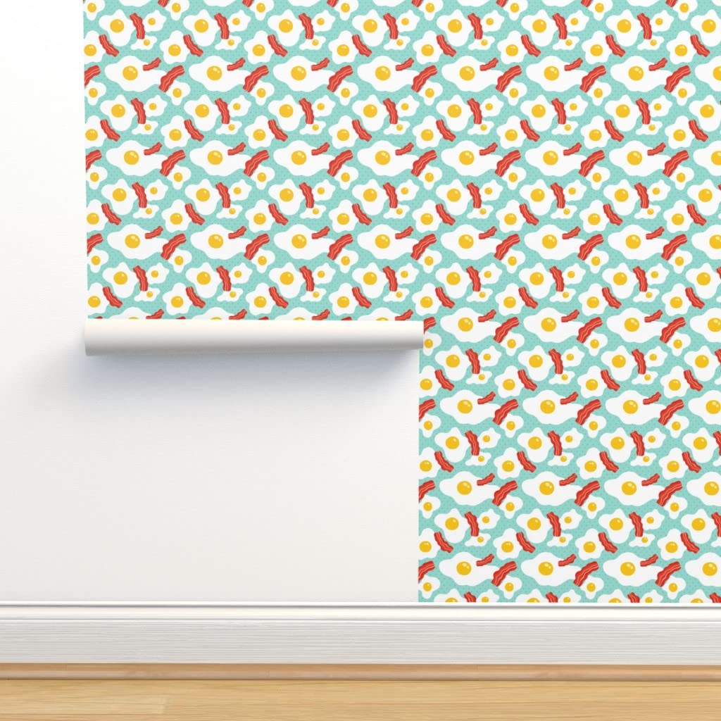 Peel & Stick Removable Wallpaper - 12ft x 2ft Egg & Bacon Breakfast Pattern in Blue | Kitchen Decor | Easy DIY Wall Covering for Home, Dorm, or Office