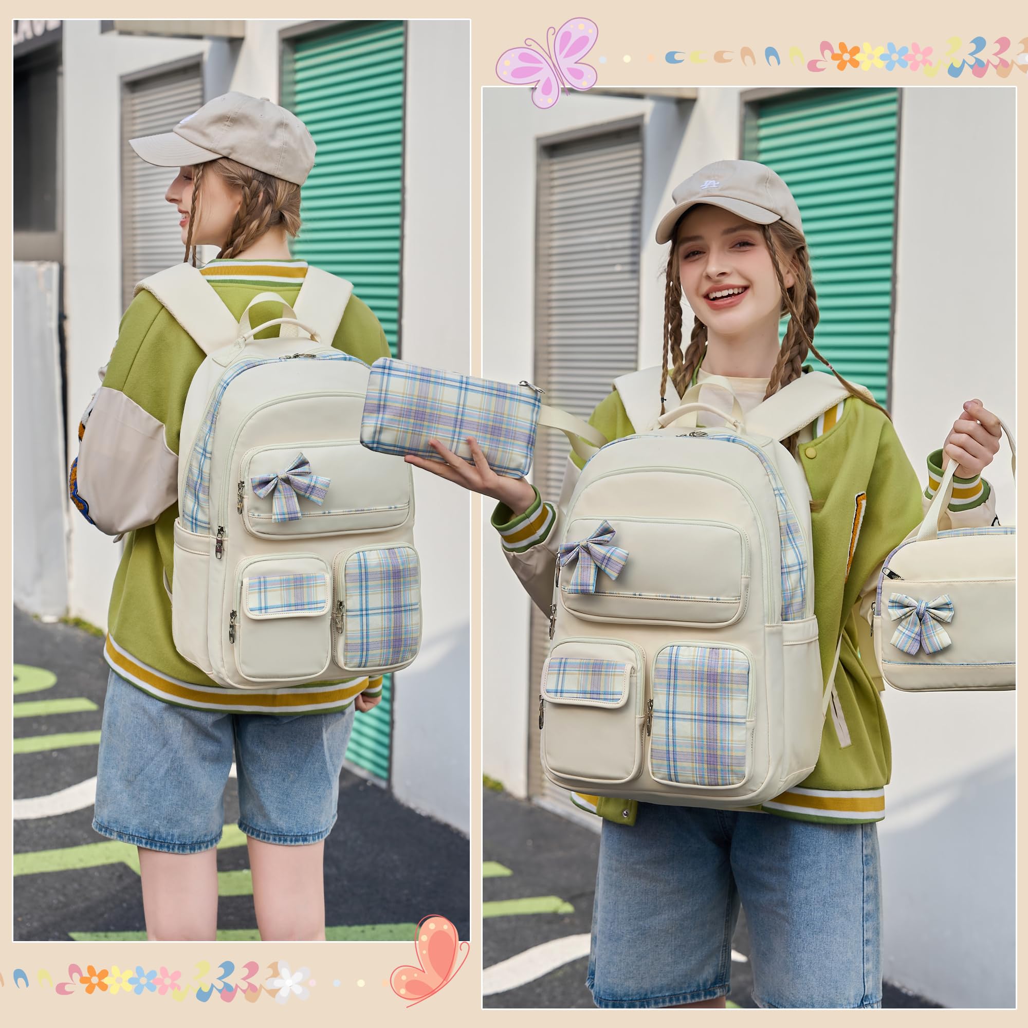 Stylish Girls Backpack for School, College & Travel - 15.6 Inch Laptop Bookbag for Teen & Women Students, Cute Large Daypack for Kindergarten & Elementary Kids (Beige) - Perfect for Daily Commute, Campus Life & Weekend Adventures