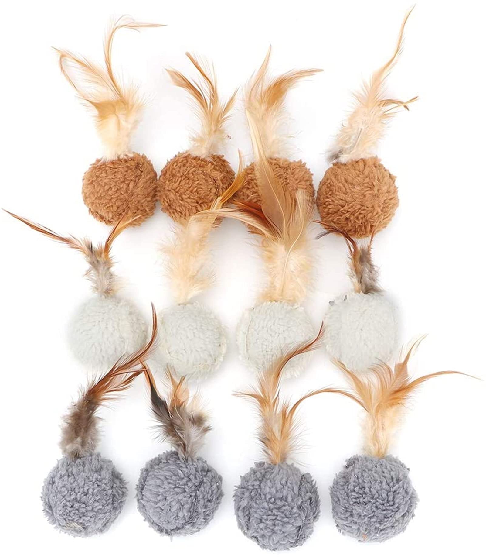 Interactive Cat Feather Toys with Balls - 12Pcs Plush Cat Toys for Playtime (White/Gray/Brown) - Fun Teaser Wands & Bouncing Balls for Indoor Cats - Perfect for Exercise, Bonding & Stress Relief