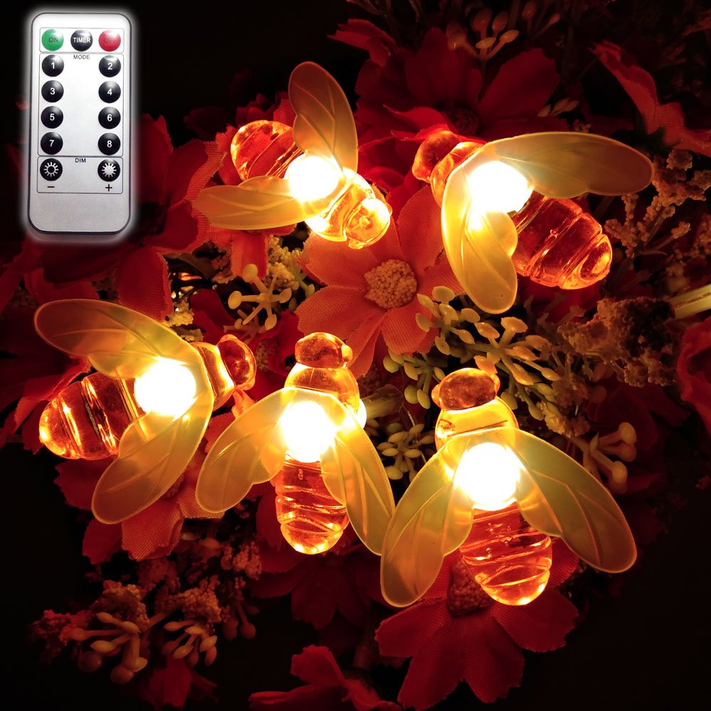 40 LED Bee Shape Fairy String Lights - 19.5Ft Battery Operated Outdoor Lights with Remote Control (Warm White) for Garden, Patio, Lawn, Wedding & Party Decoration