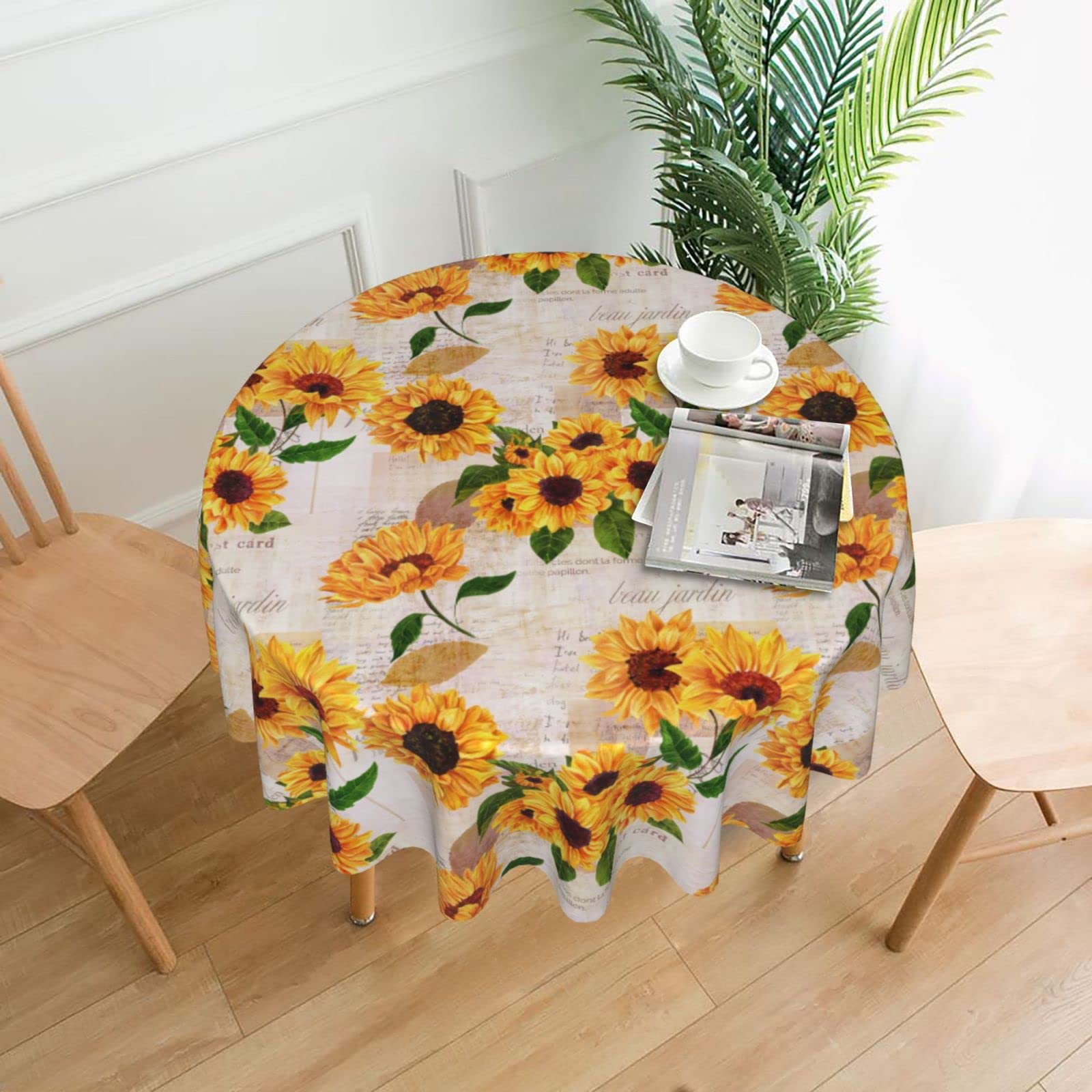Waterproof Sunflower Round Tablecloth Fits 20'' to 47'' Tables - Vintage Newspaper Print Kitchen Decor for Indoor & Outdoor Parties, Picnics, and Dining Events