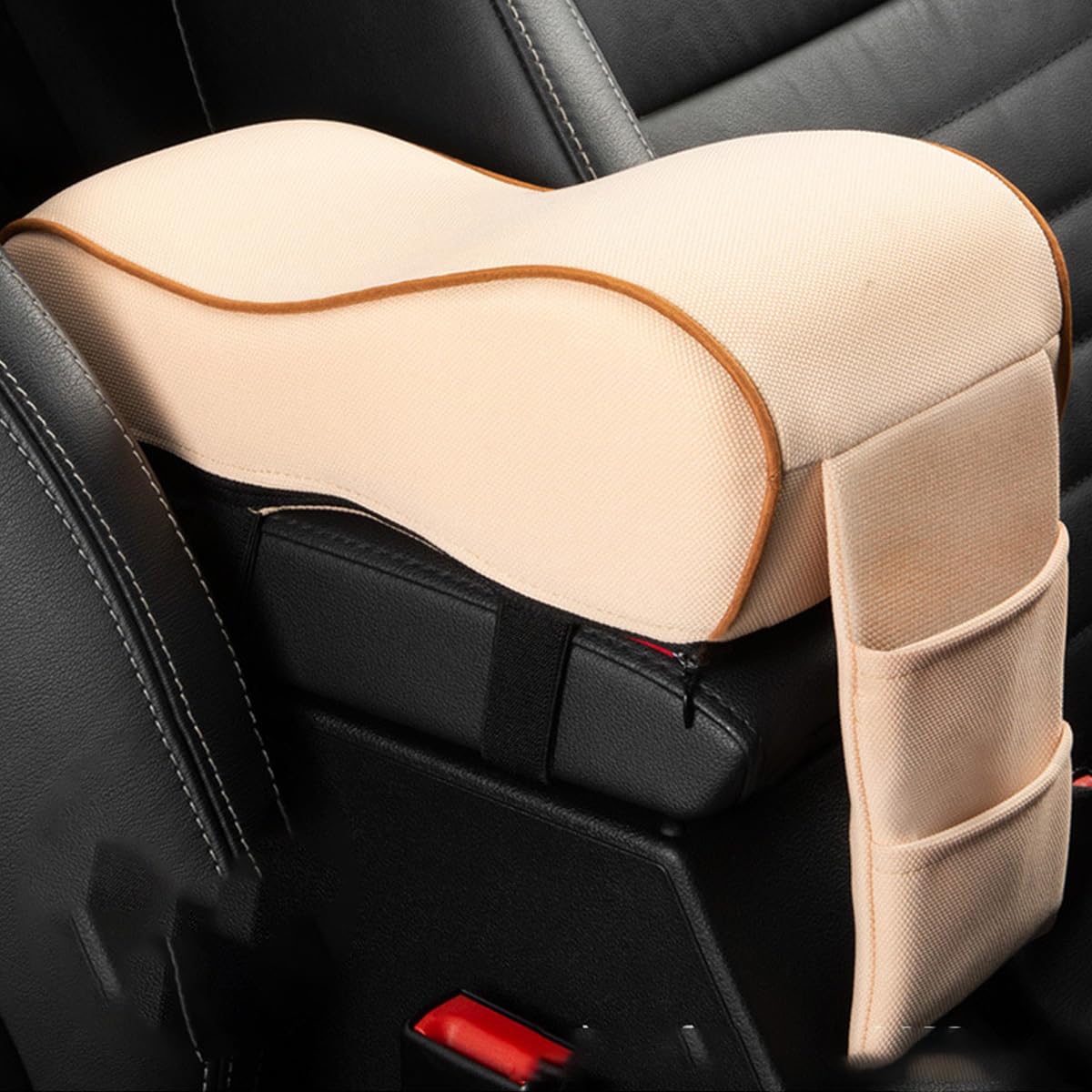 **Universal Car Armrest Cushion with Memory Foam & Phone Holder - Soft Center Console Pillow Pad with Storage Pockets - Beige - Comfort for Long Drives & Road Trips**