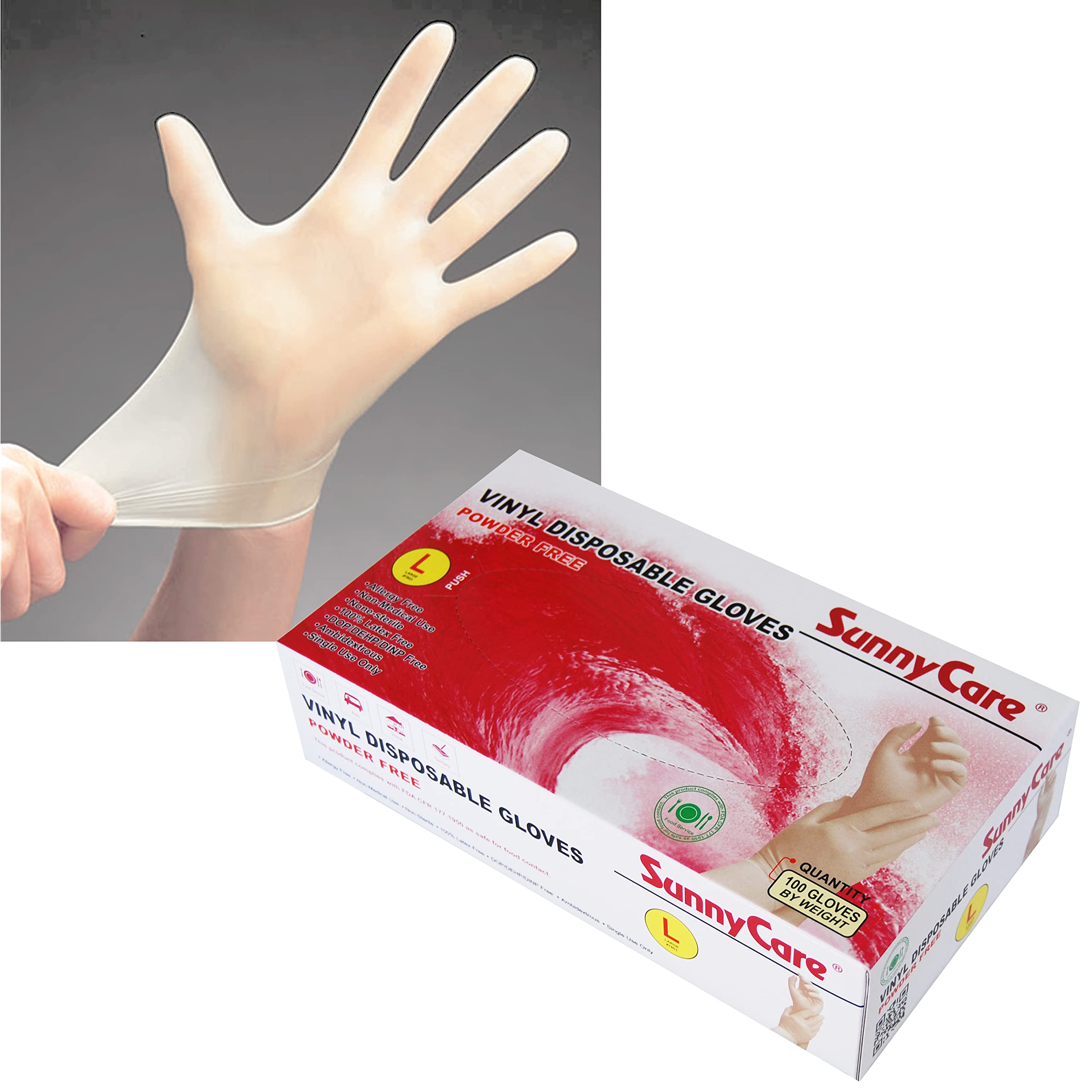 SunnyCare 7803 Powder-Free Vinyl Disposable Gloves - 100 Count Box, Latex & Nitrile Free, Large Size - Ideal for Medical, Cleaning, Food Handling & Salon Use