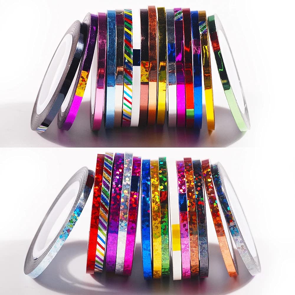 5 Rolls Glitter Nail Art Striping Tape - 3mm Wide Self-Adhesive DIY Nail Decoration Tape with Dispenser for Salon, Home Manicure & Nail Design - Perfect for French Tips, Geometric Patterns & Nail Art Creations