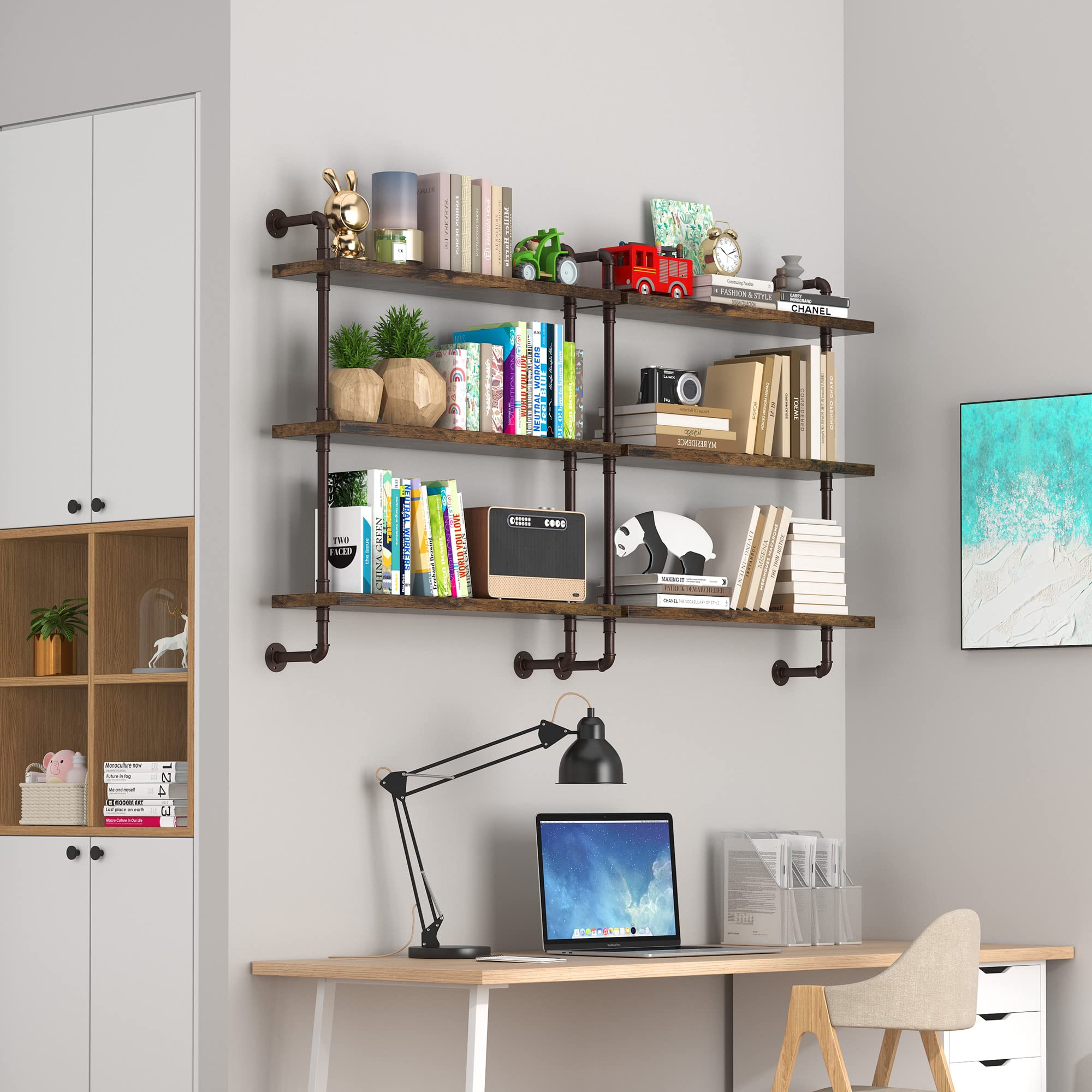 PUSDON 32 Inch Industrial Pipe Wall Mounted Shelving - 3 Tier Metal Floating Shelf in Bronze for Bathroom, Living Room, Office | Heavy Duty Storage Rack for Books, Decor, Plants | Farmhouse, Garage, Bar & Home Organization Solution