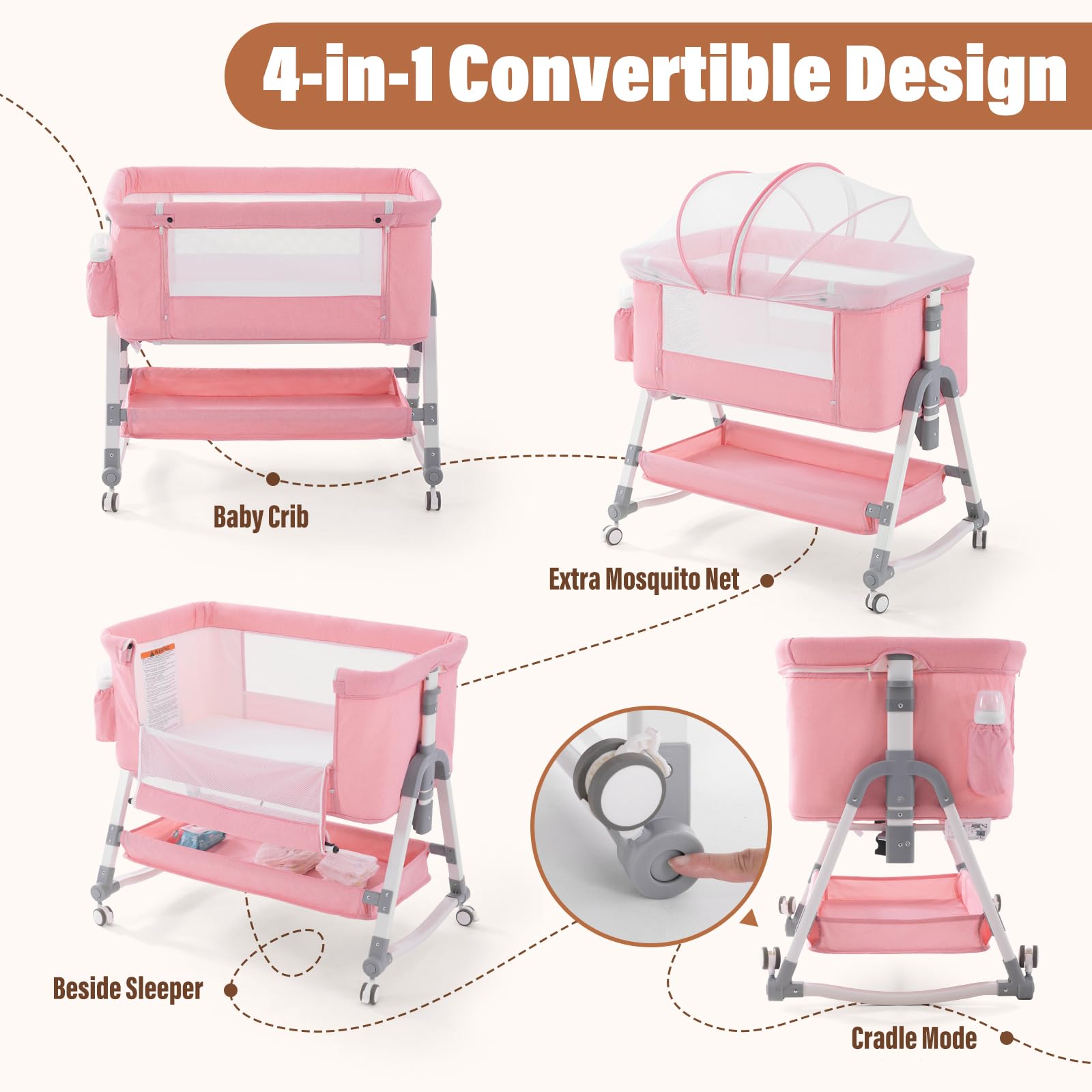 4-in-1 Adjustable Baby Bassinet & Bedside Sleeper with Mattress - Portable Folding Crib with Mosquito Net & Storage - Pink Nursery Bed for Newborns - Perfect for Co-Sleeping, Travel & Small Spaces