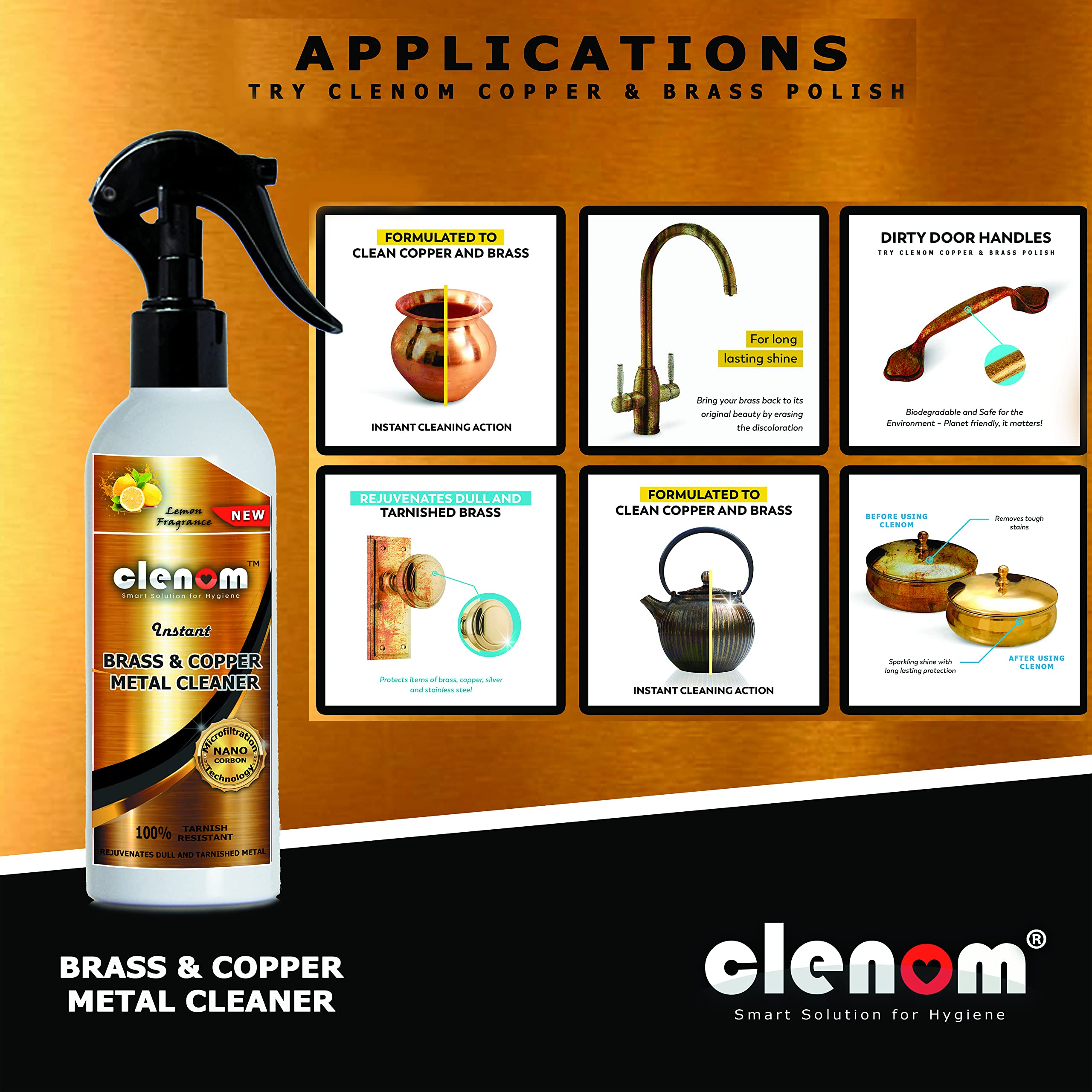 Clenom Instant Brass & Copper Cleaner Spray - 210ml Metal Polish for Chrome, Bronze, Gold, Nickel & Stainless Steel | Fast-Acting Liquid Cleaner & Restorer | Perfect for Jewelry, Antiques, Fixtures & Kitchenware