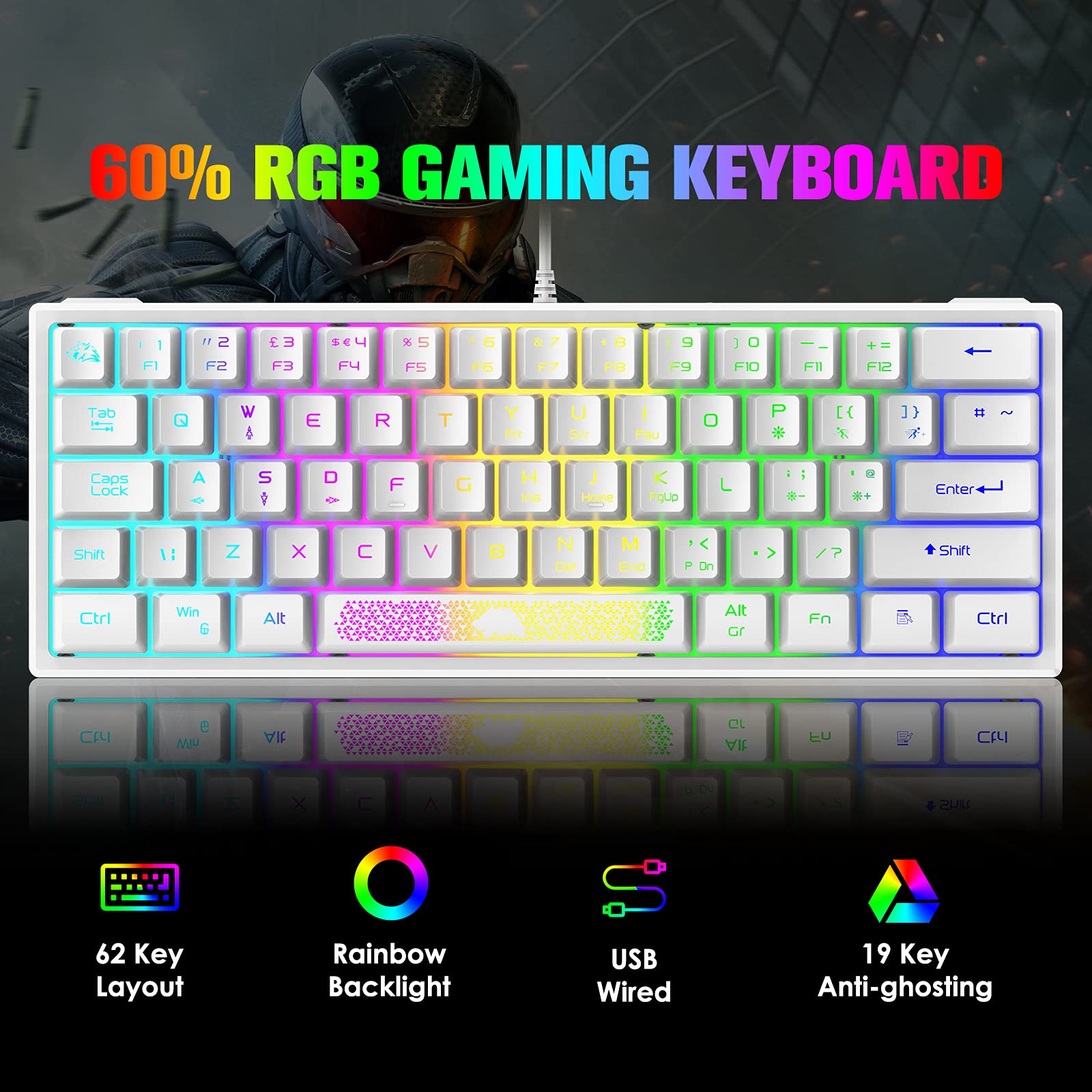 K61 60% Compact Mechanical Feel Gaming Keyboard - RGB Rainbow Backlit, 62-Key Ergonomic Design, 19-Key Anti-Ghosting, Waterproof USB Wired for PC/Mac/Windows - Perfect for Gamers, Typists & Office Work (White)