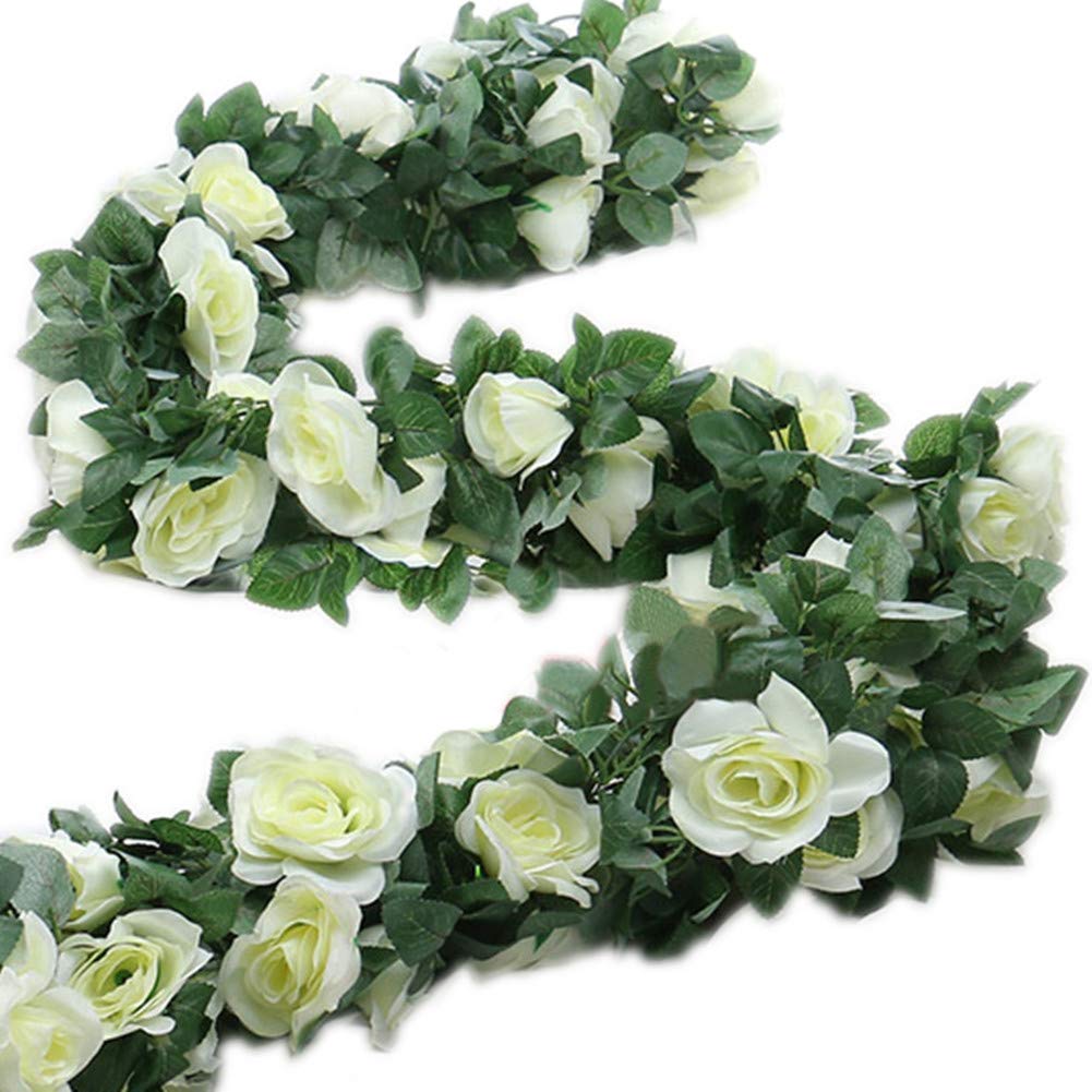16 FT Artificial Rose Vine Garland - Fake Hanging Flowers for Home, Hotel, Office, Wedding & Party Decor (White, 2 Pack) - Perfect for Indoor/Outdoor Garden, Wall & Ceiling Decoration