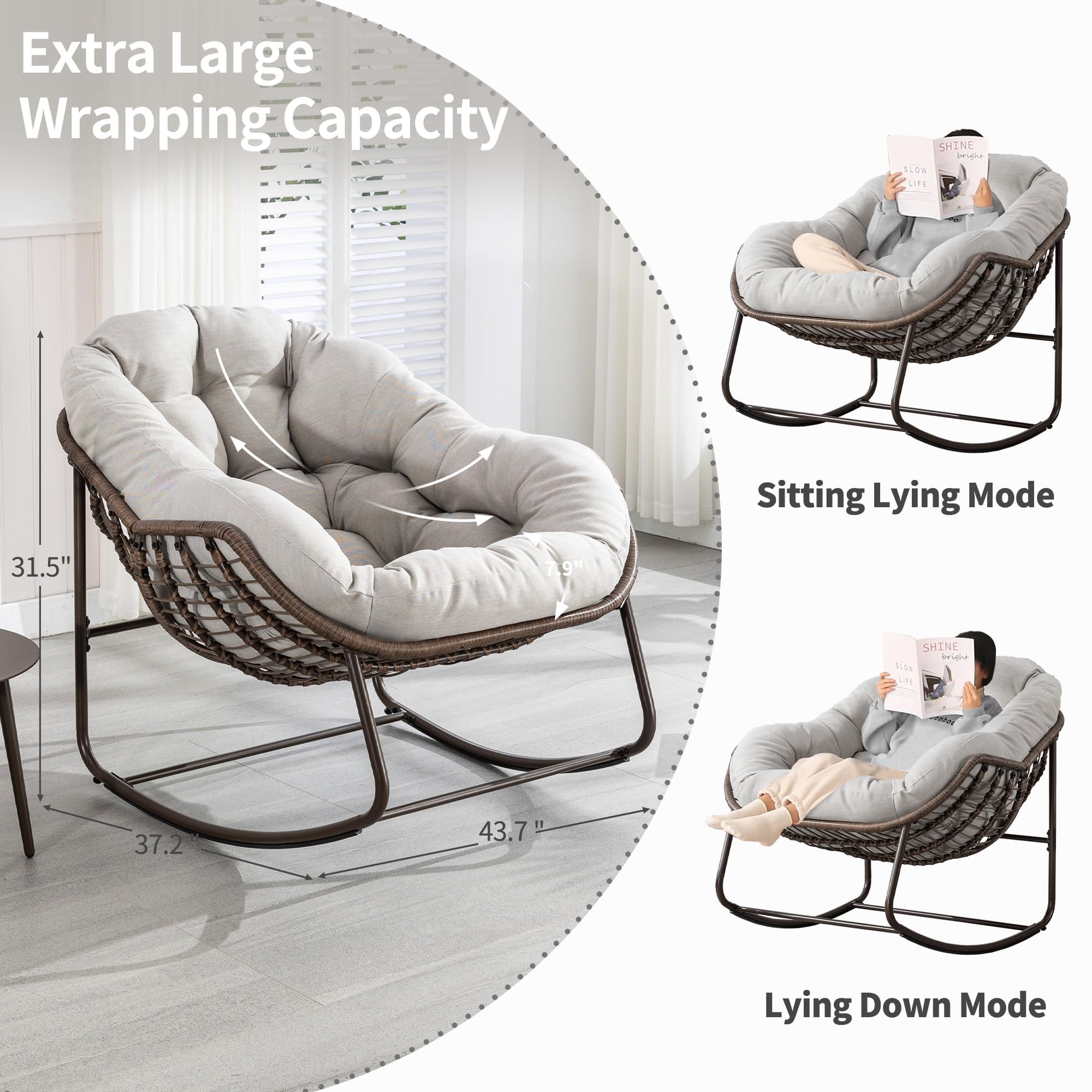 Oversized Wicker Papasan Glider Rocking Chair - Comfortable Patio Rocker Recliner for Living Room, Nursery, Bedroom, Front Porch & Lawn - Perfect for Relaxing, Reading & Lounging (Beige, 1 Chair)