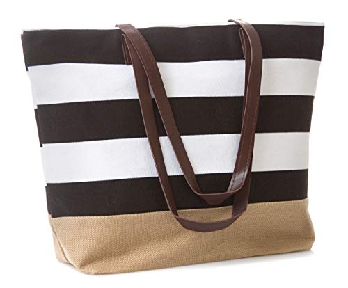 Burlap Bottom Leather Handle Stripe Black