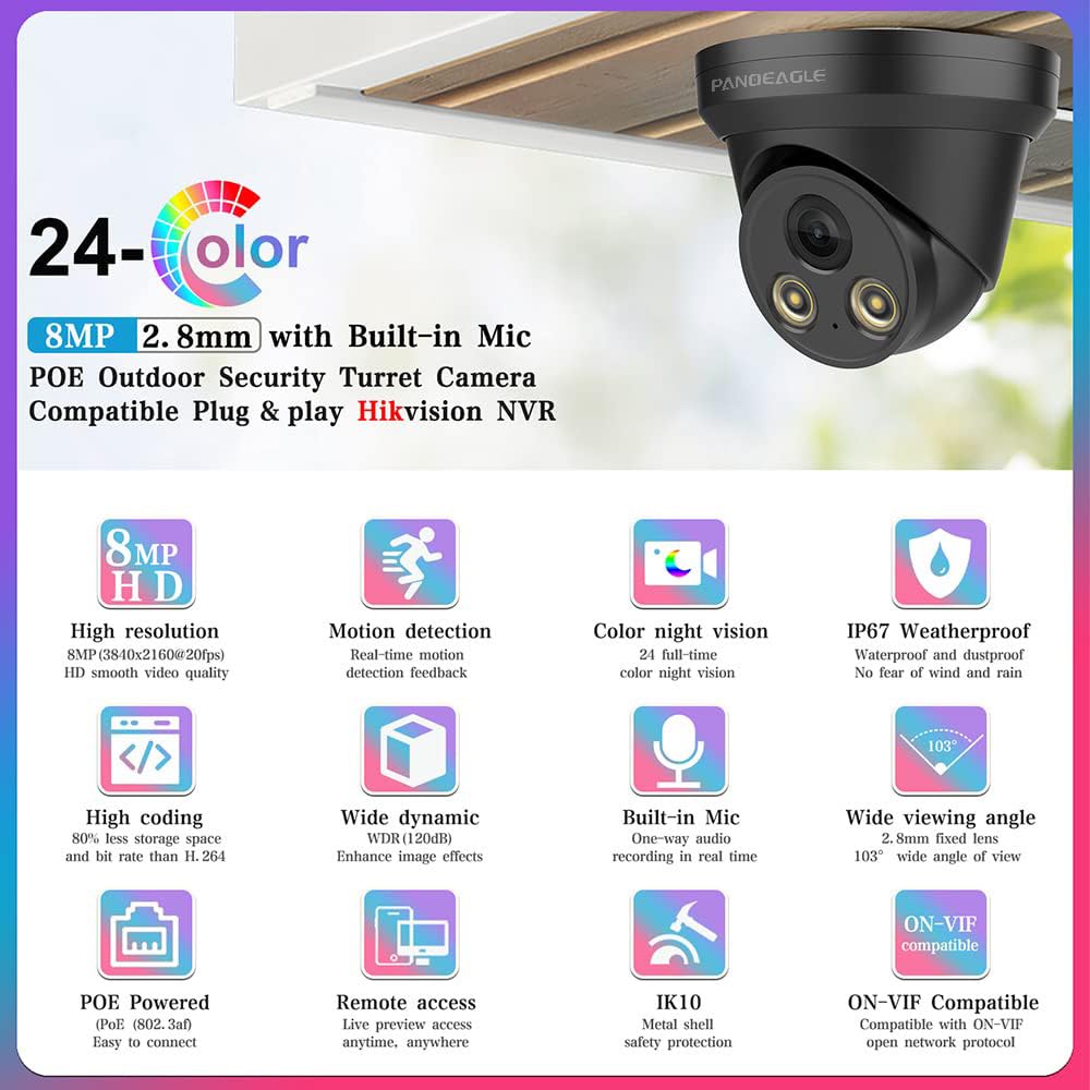 Hikvision 8MP 4K PoE IP Security Camera Outdoor - AI Human/Vehicle Detection, F1.0 Aperture Color Night Vision, Built-in Mic, 2.8mm Lens, IP67 (PG2387C) - Ideal for Home Security, Business Surveillance & 24/7 Property Monitoring