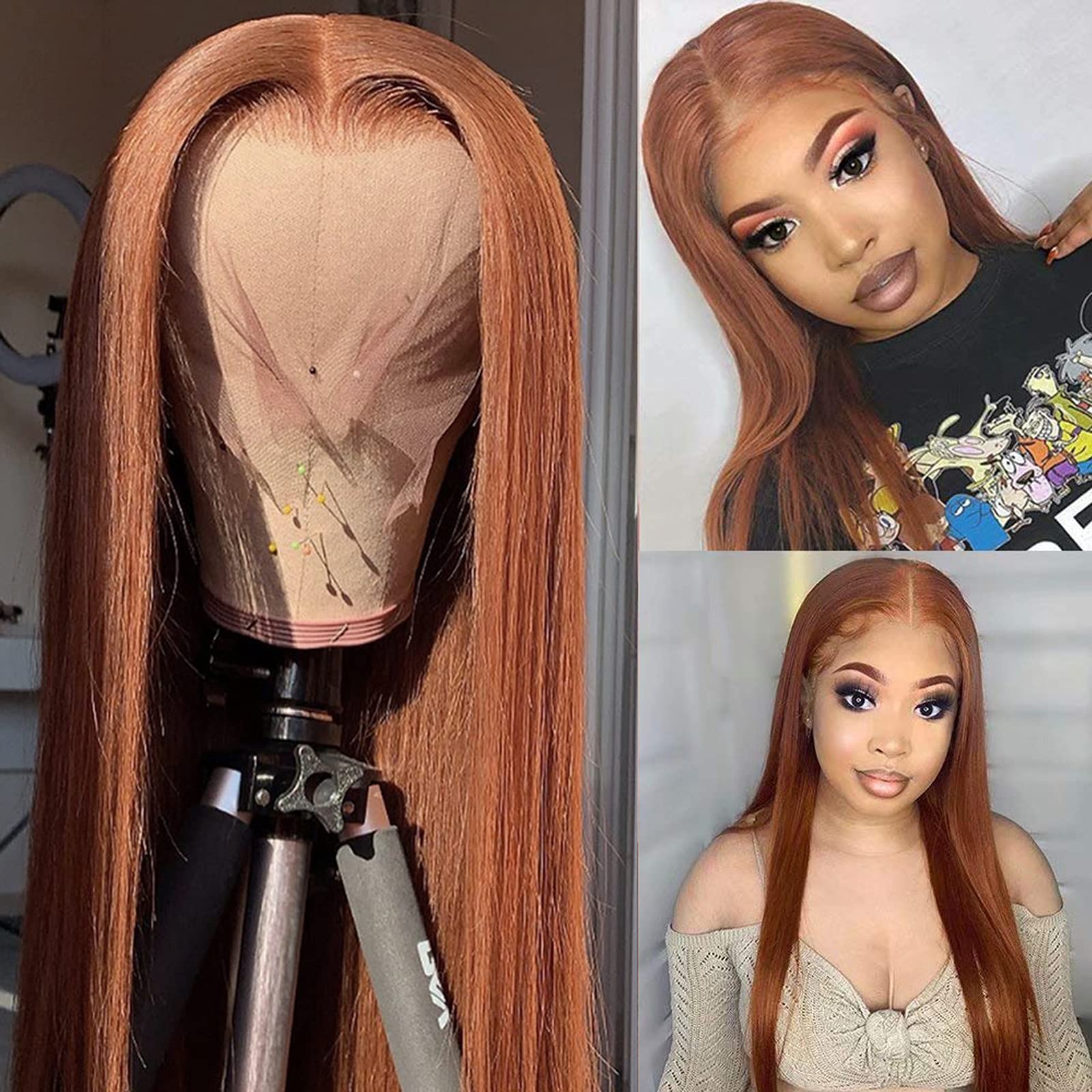 ImeYa 18 Inch #30 Brown Brazilian Virgin Human Hair Wig - Glueless HD Transparent Lace Frontal Wig with Pre-Plucked Natural Hairline & Baby Hair (150% Density, Light Auburn) - Perfect for Daily Wear, Cosplay, and Special Occasions