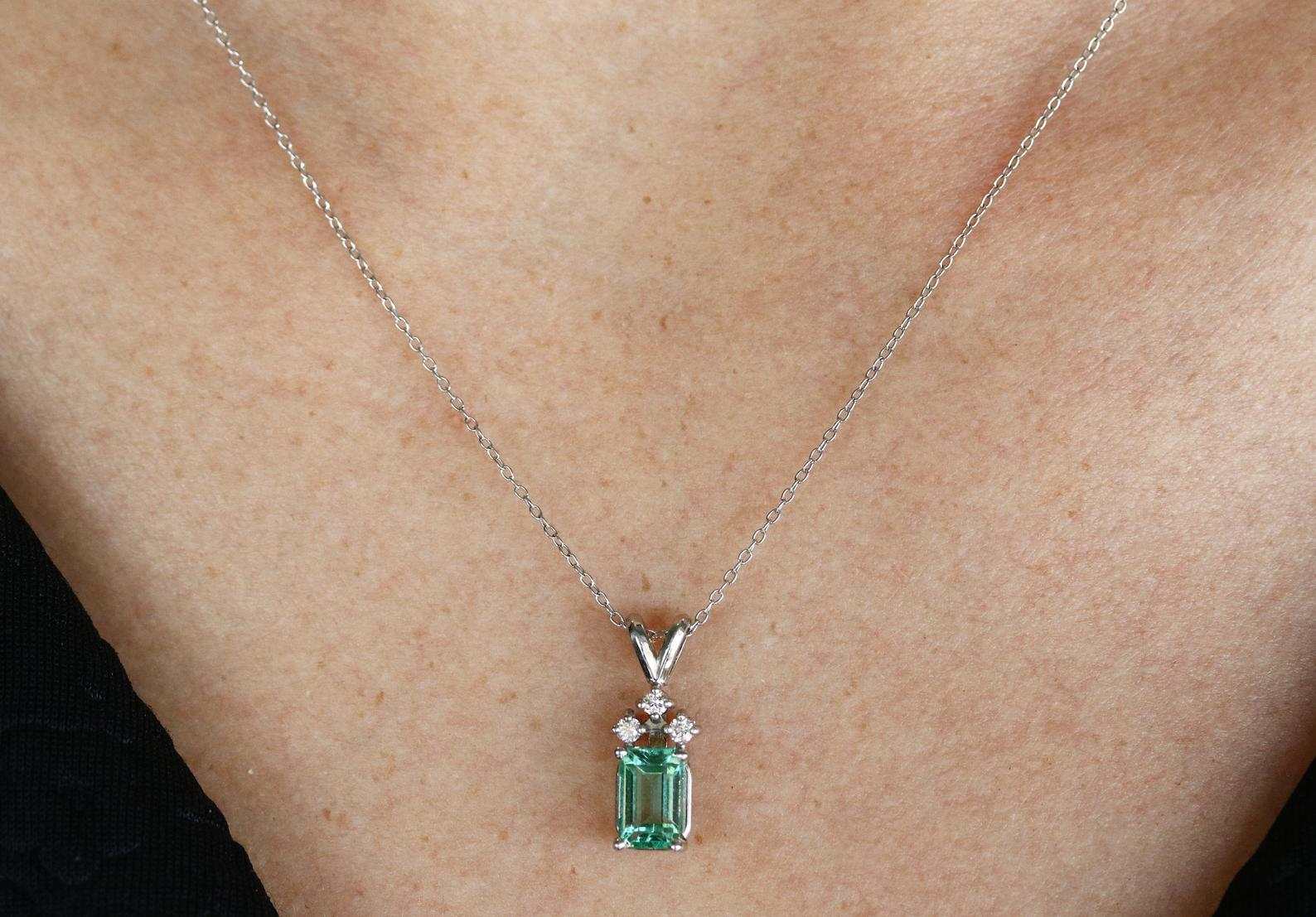 1.56tcw Petite Emerald Cut Emerald & 3 Diamond Accent Necklace in 14K Gold - Elegant Jewelry for Women, Perfect for Weddings, Anniversaries & Special Occasions