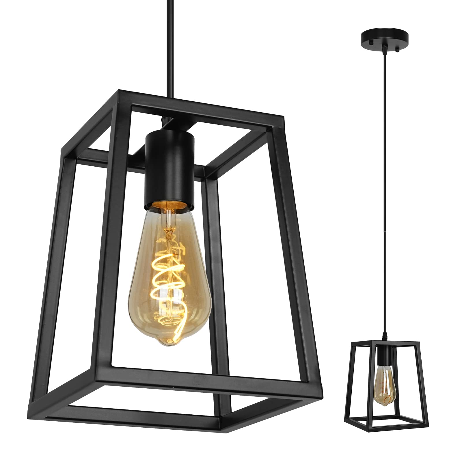 Modern Black Industrial Kitchen Island Lighting, Farmhouse Pendant Light, 1-Light Lantern Fixture for Kitchen, Dining Room, Bar, Foyer, and Rustic Home Decor